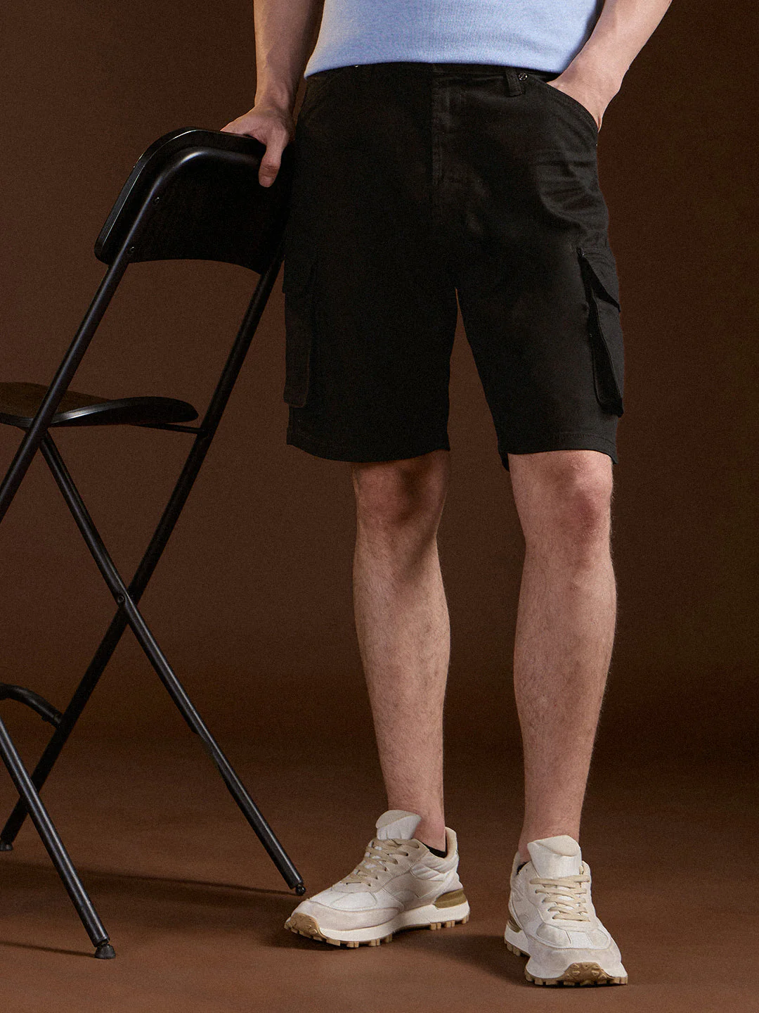 Men Black Solid Baggy Fit Cotton Cargo Shorts