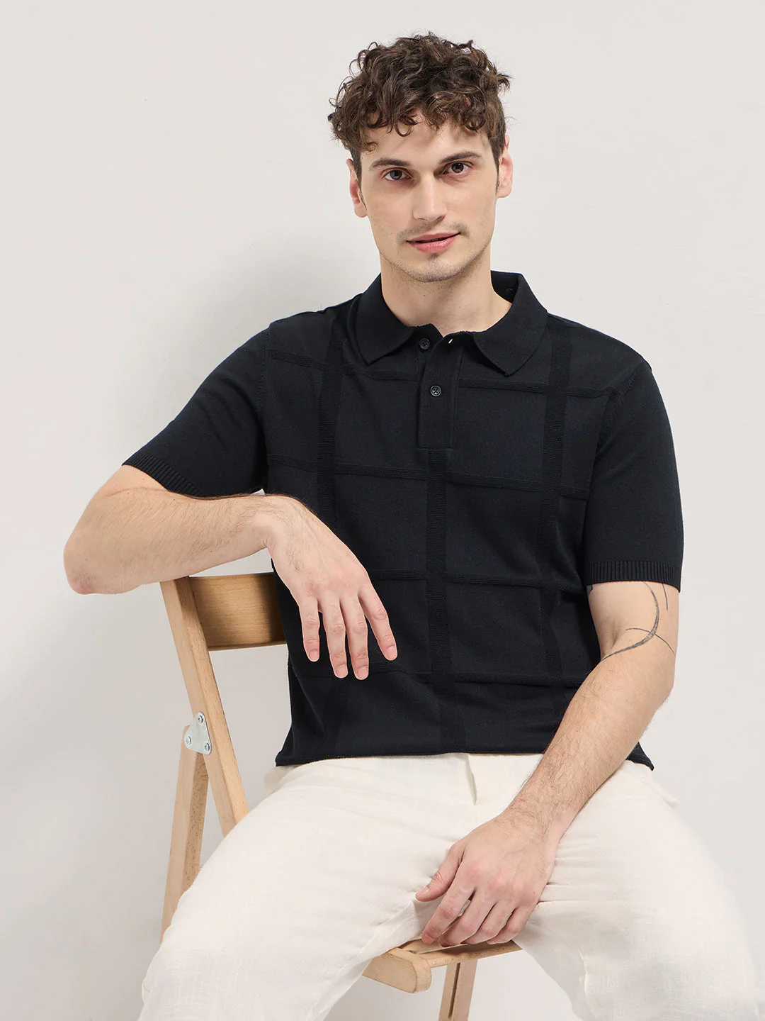 Men Black Textured Checkered Design Slim Fit Polo