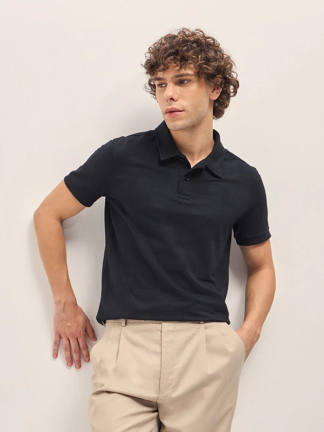 Men Black Tonal Check Regular Fit Polo T-shirt
