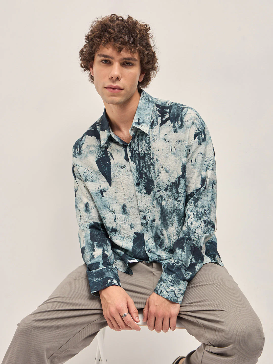 Men Blue Abstract Brushstroke effects Relax Fit Overshirt