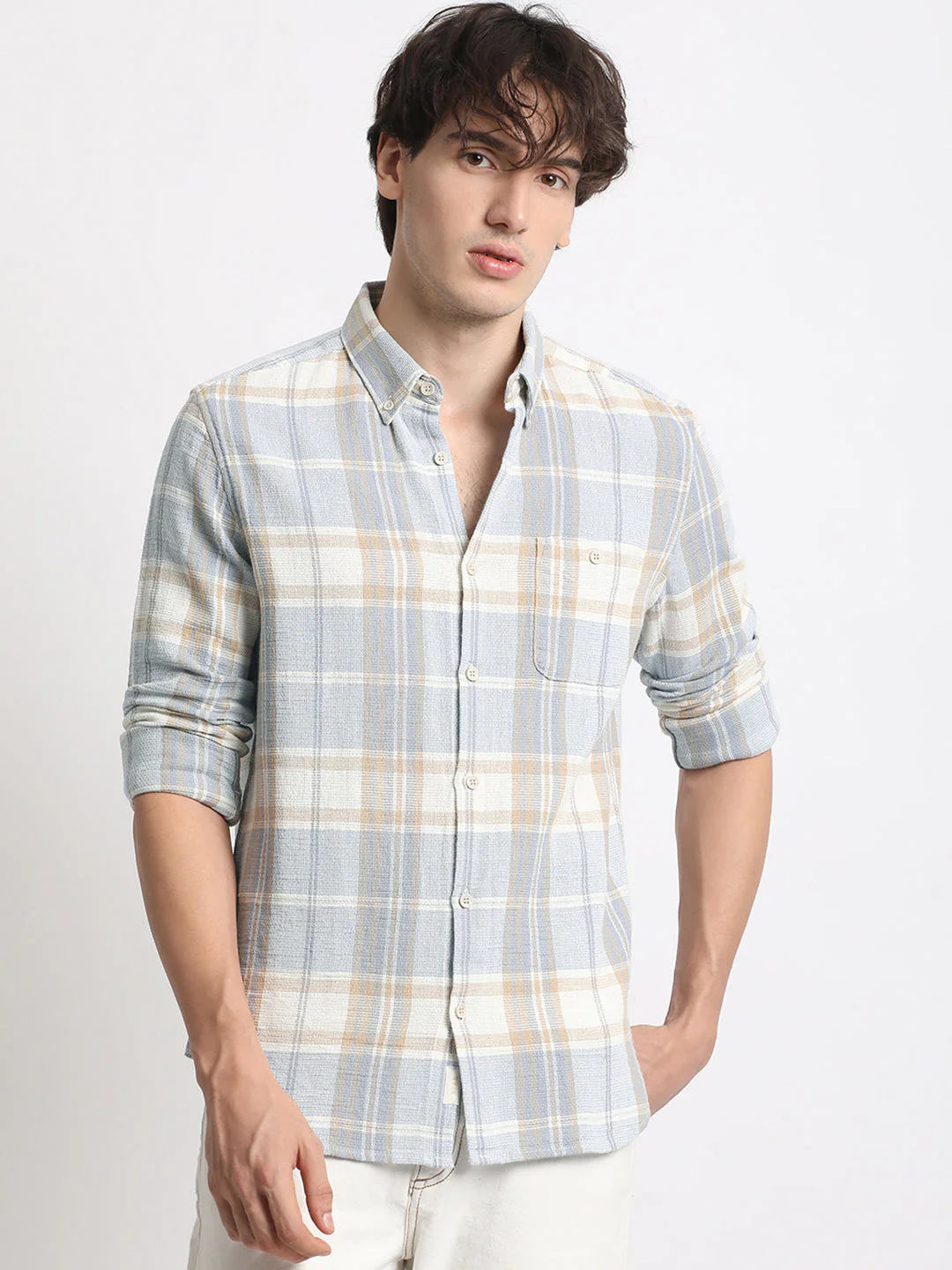 Men Blue Checked Slim Fit Cotton Casual Shirt - Image 2