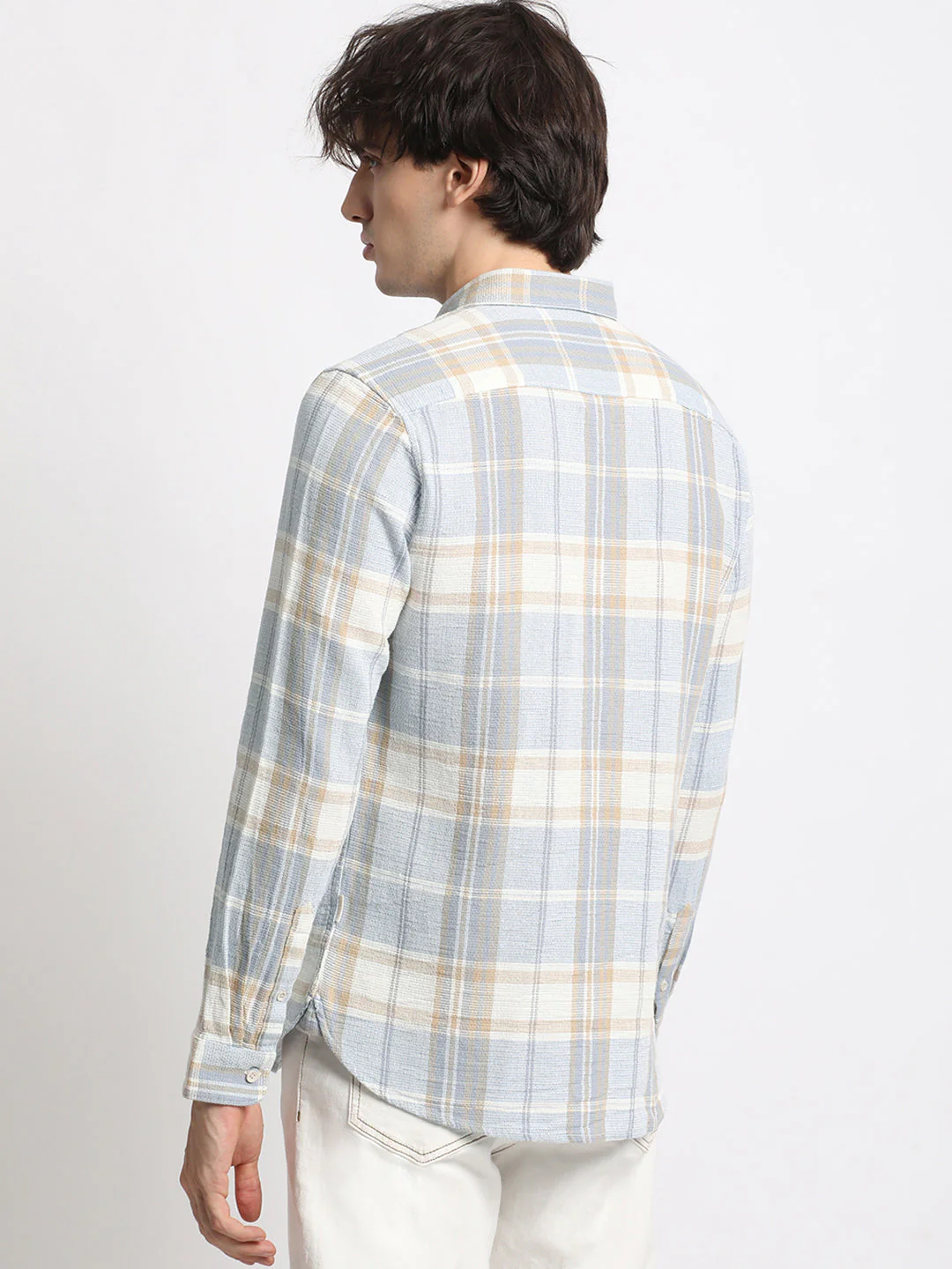 Men Blue Checked Slim Fit Cotton Casual Shirt - Image 4