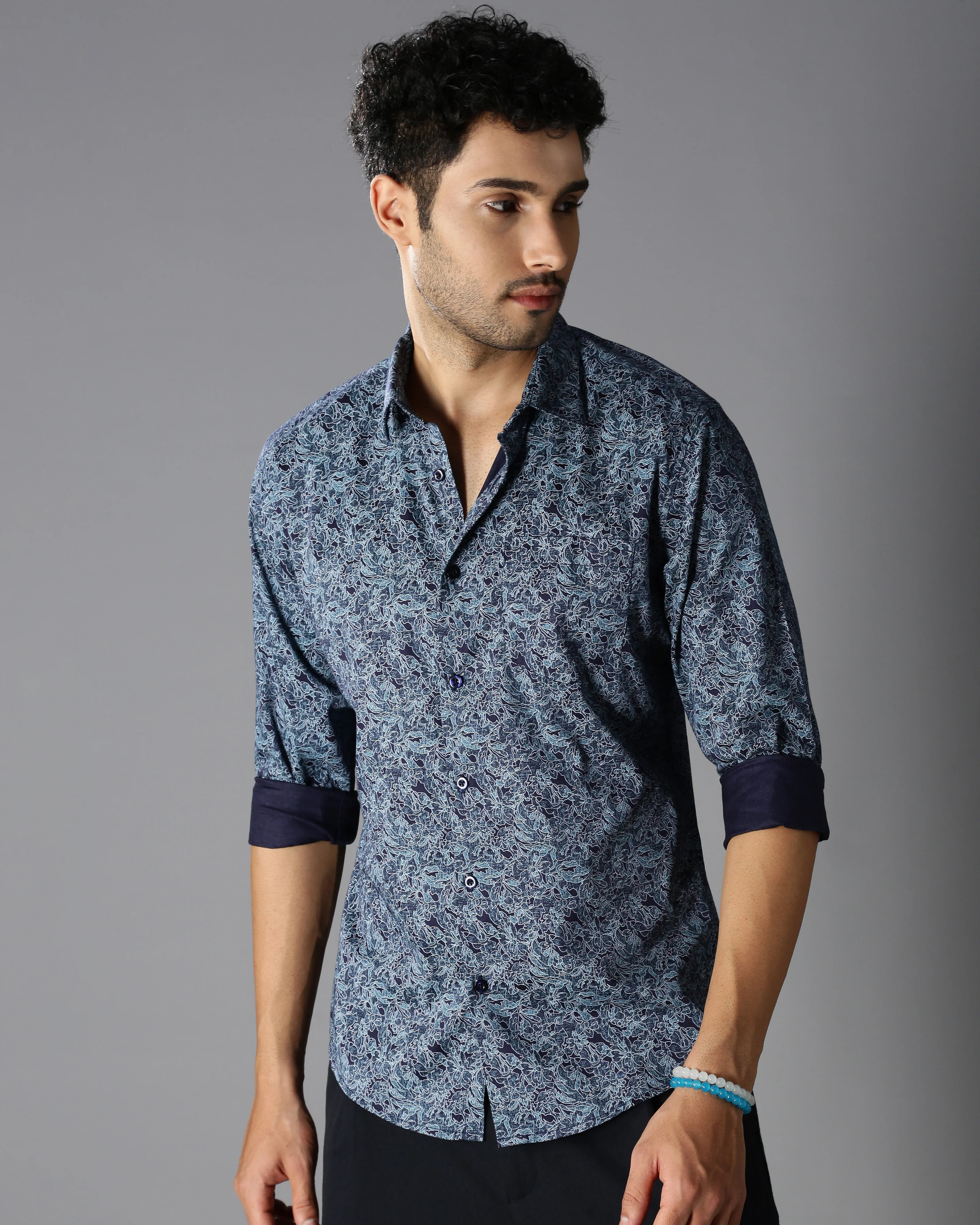 Men Blue Cotton Slim Shirt