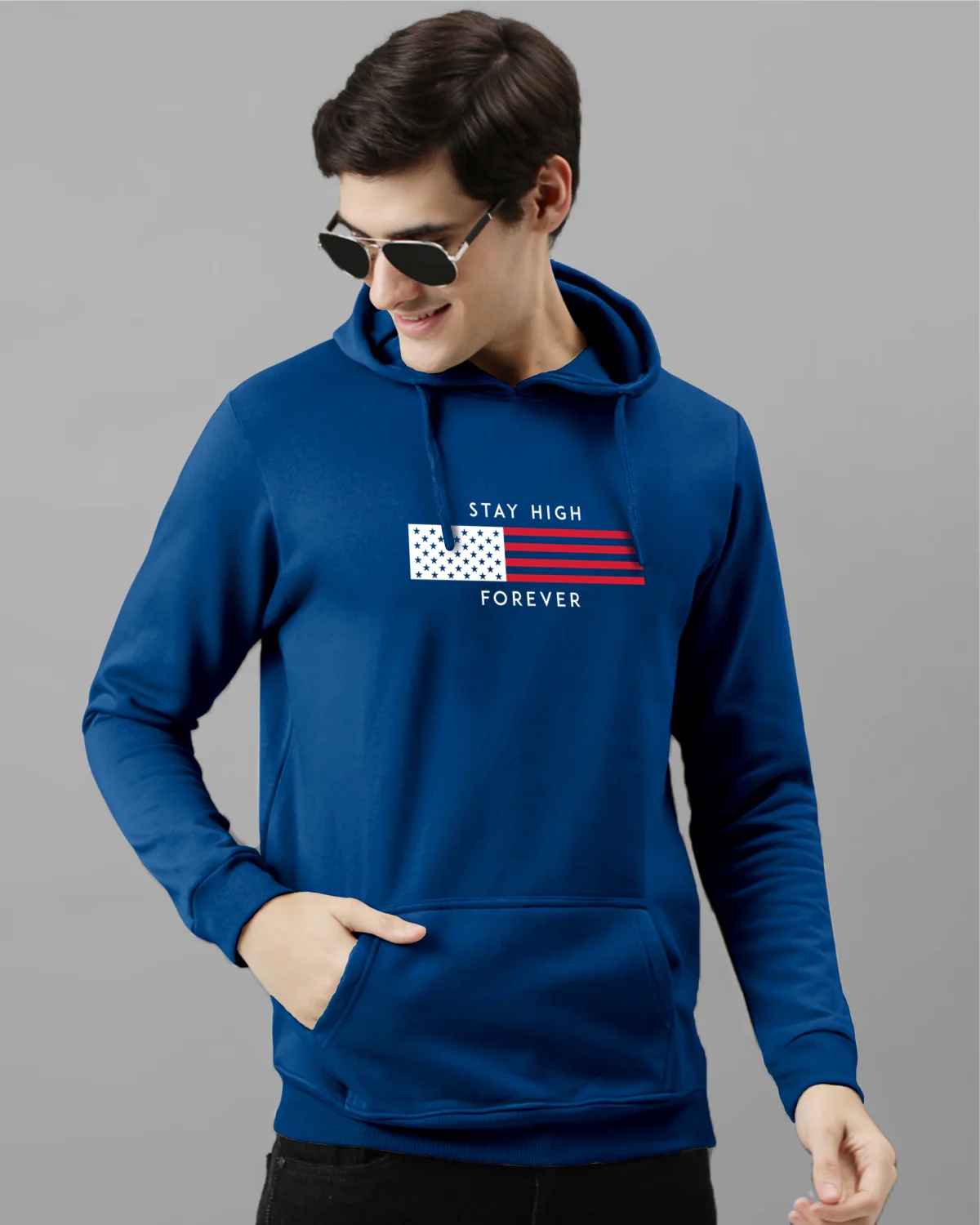 Men Blue Printed Cotton Hoodie