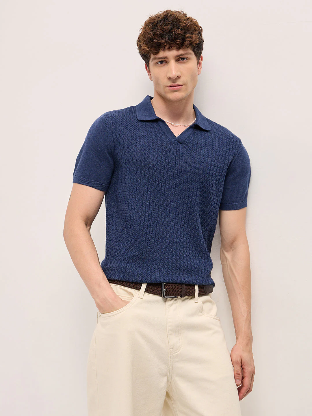 Men Blue Ribbed Texture Design Slim Fit Polo