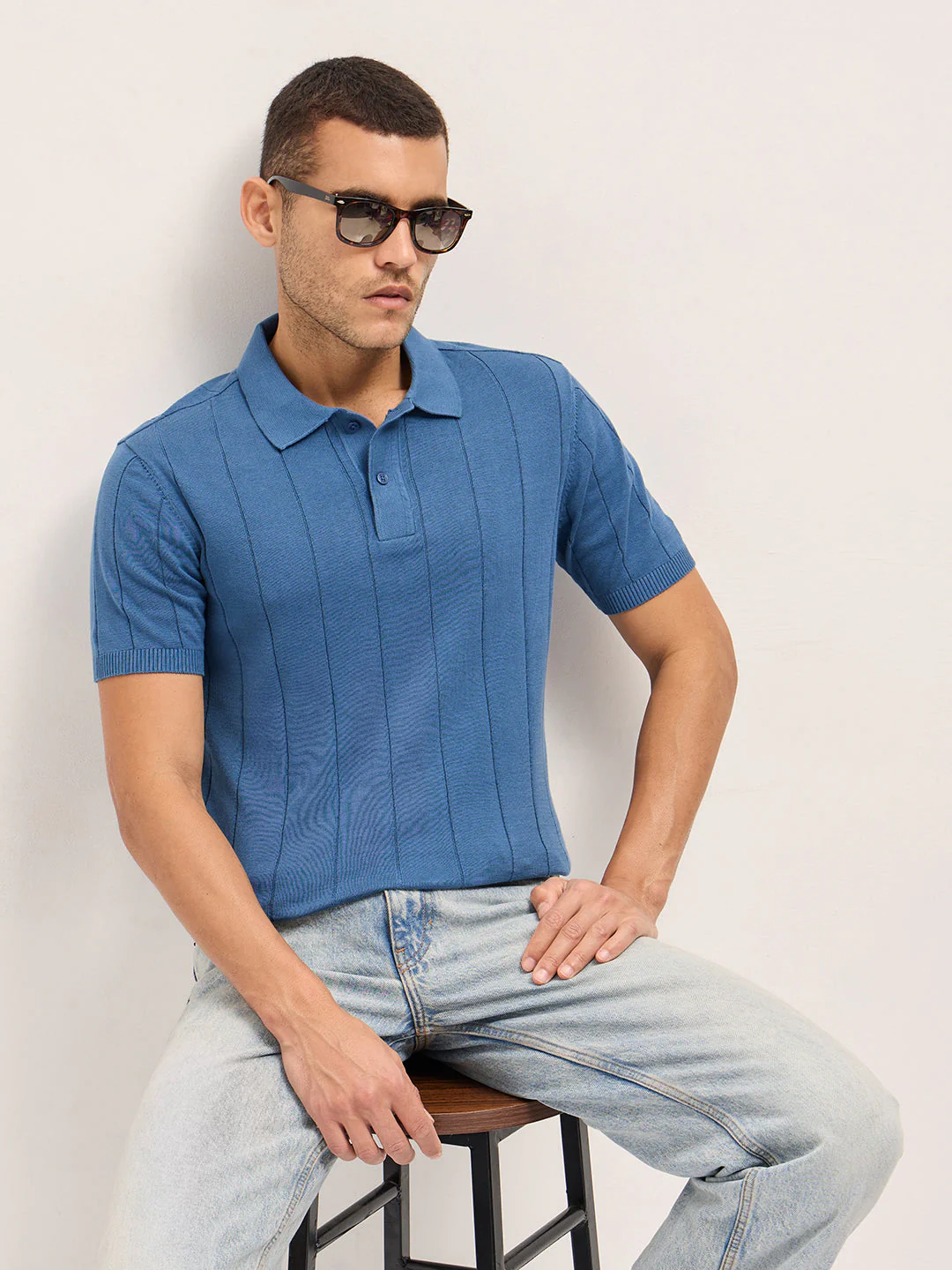 Men Blue Self-Striped Design Slim Fit Polo