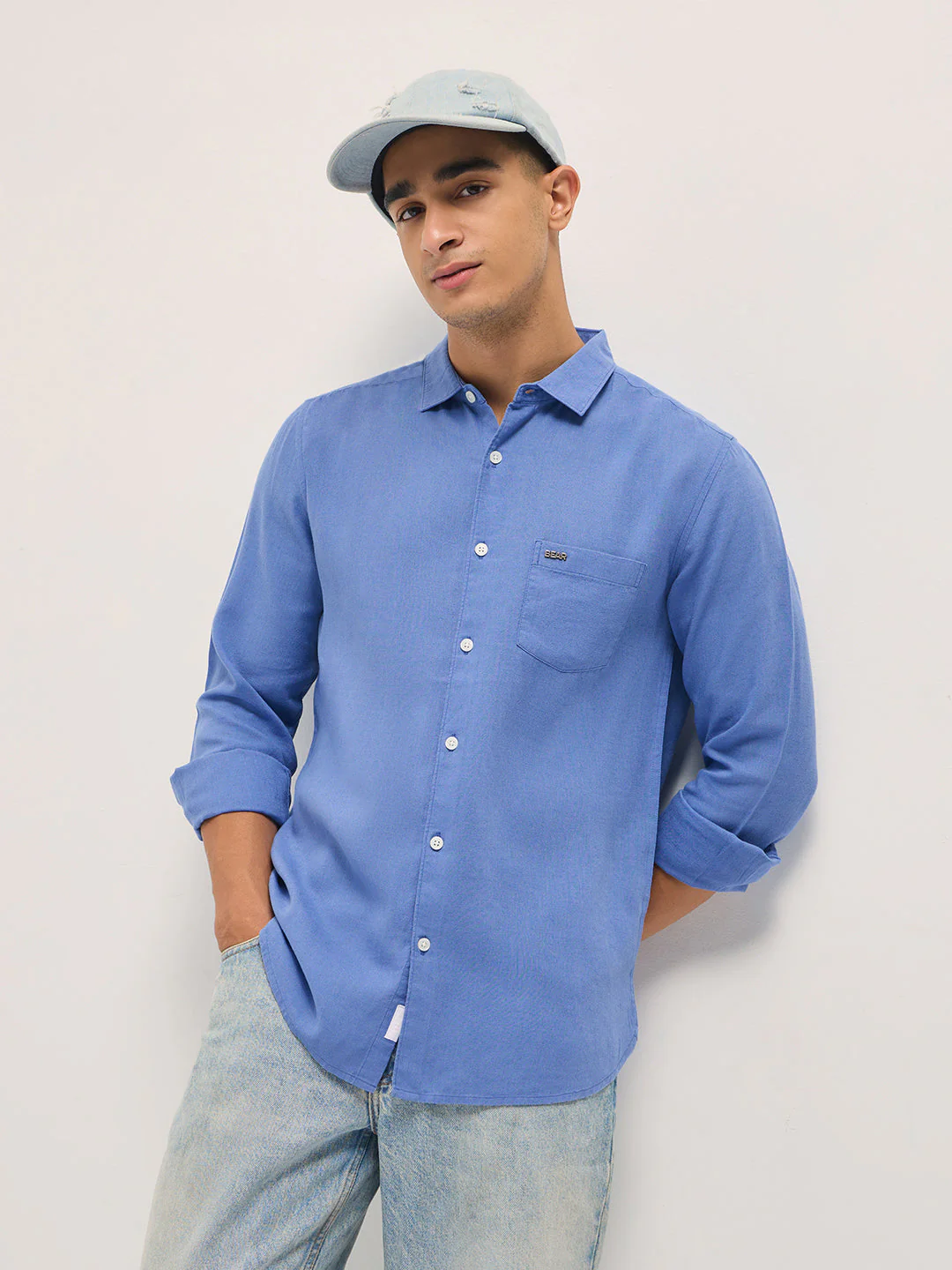 Men Blue Solid Lyocell Slim Fit Casual Shirt