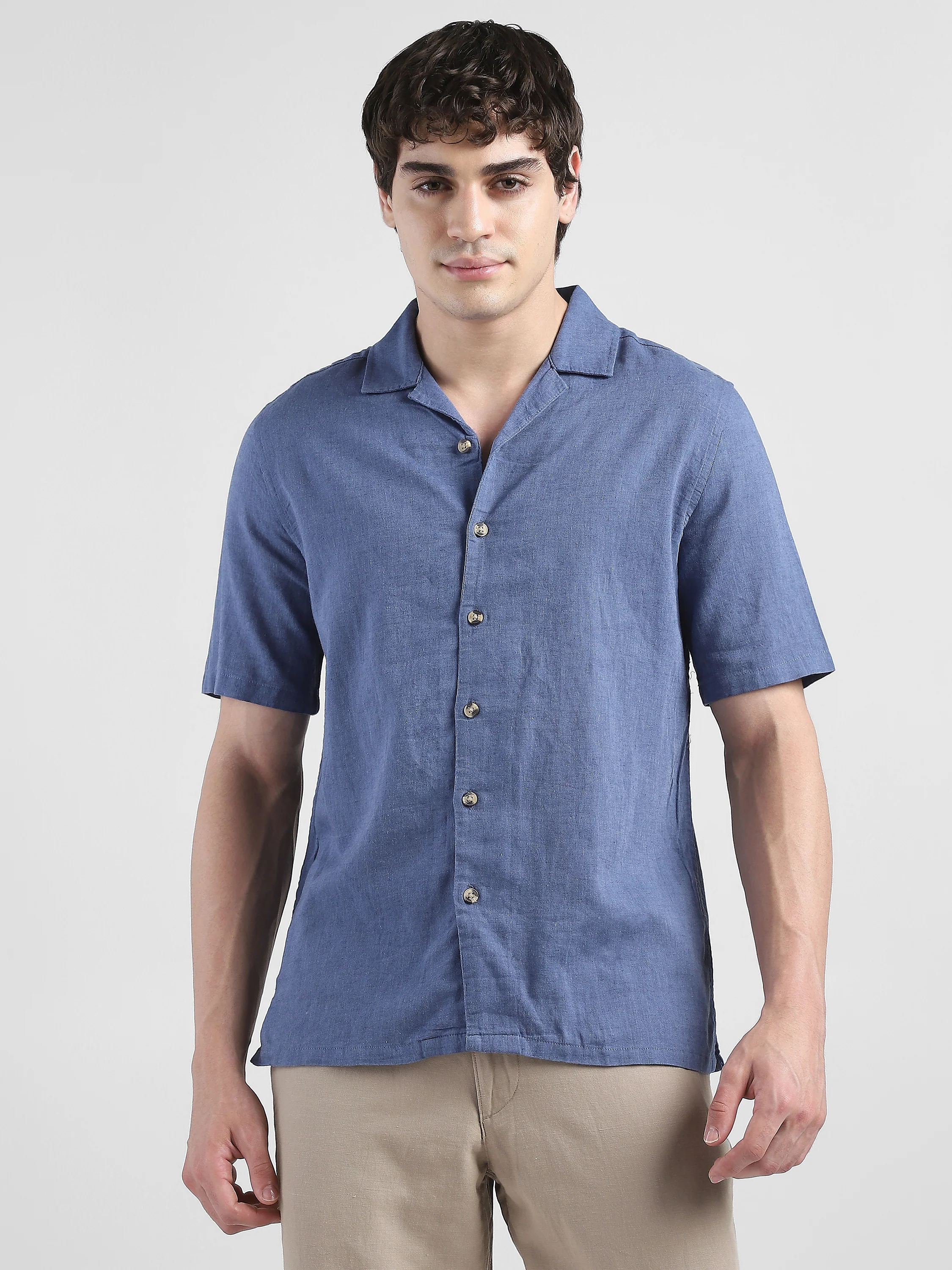 Men Blue Spread Collar Linen Blend Shirt