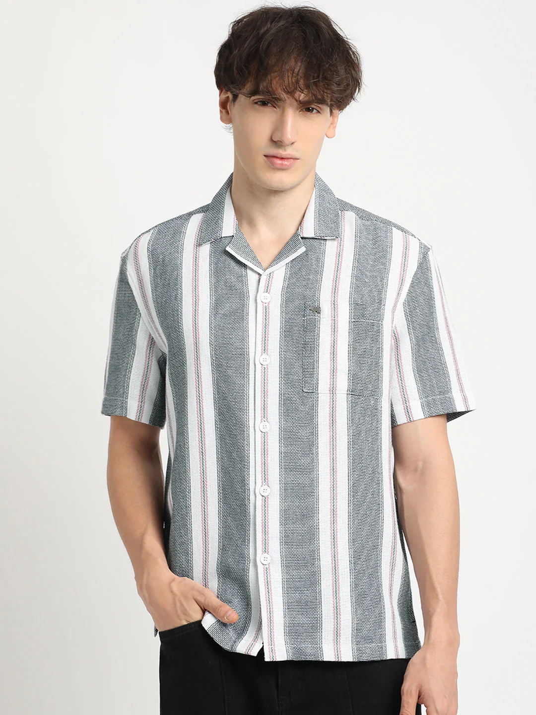 Men Blue Stripe Regular Fit Casual Shirt - Image 2