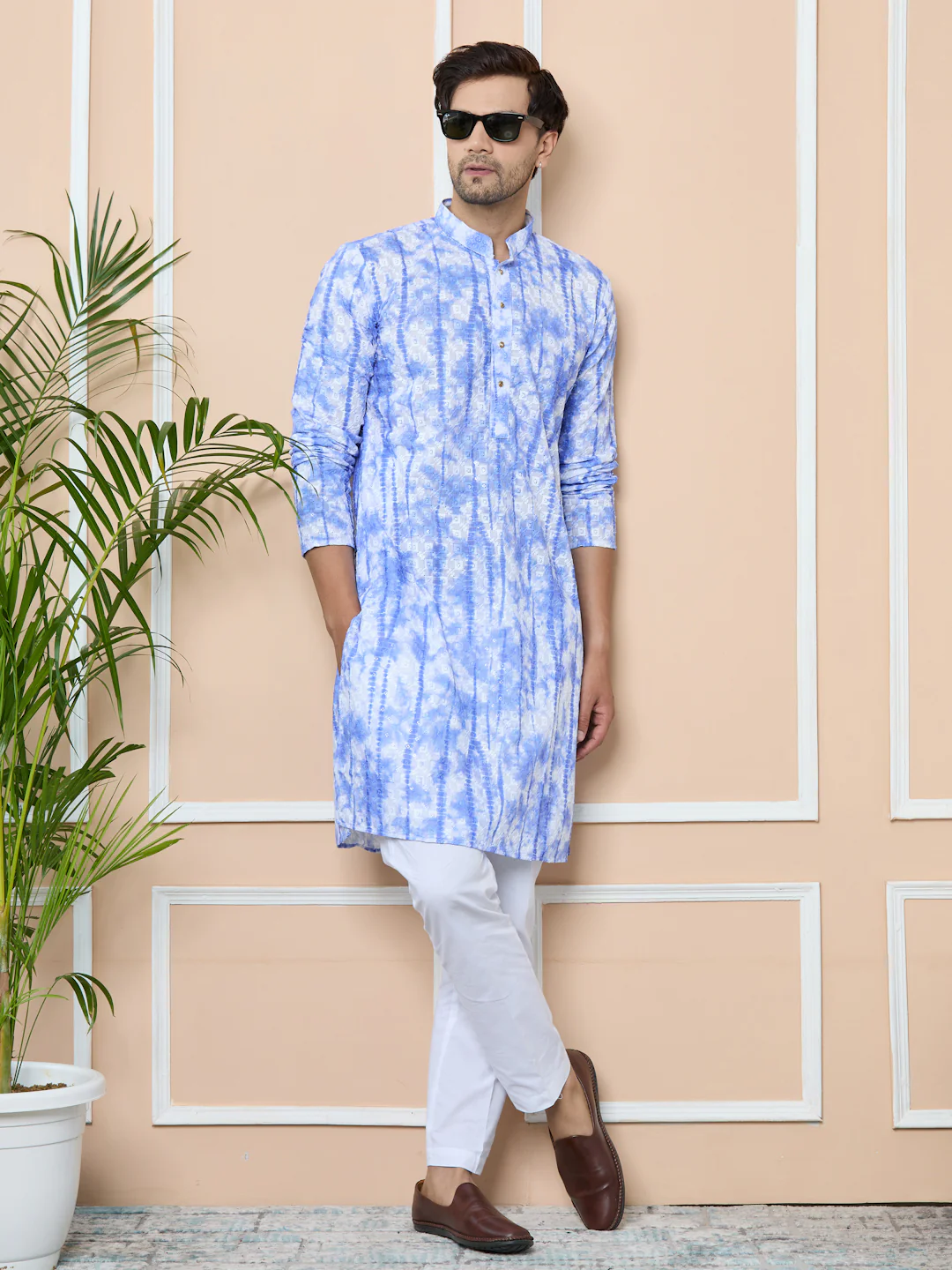 Men Blue Tie & Dye Printed & Embroidered Cotton Straight Kurta