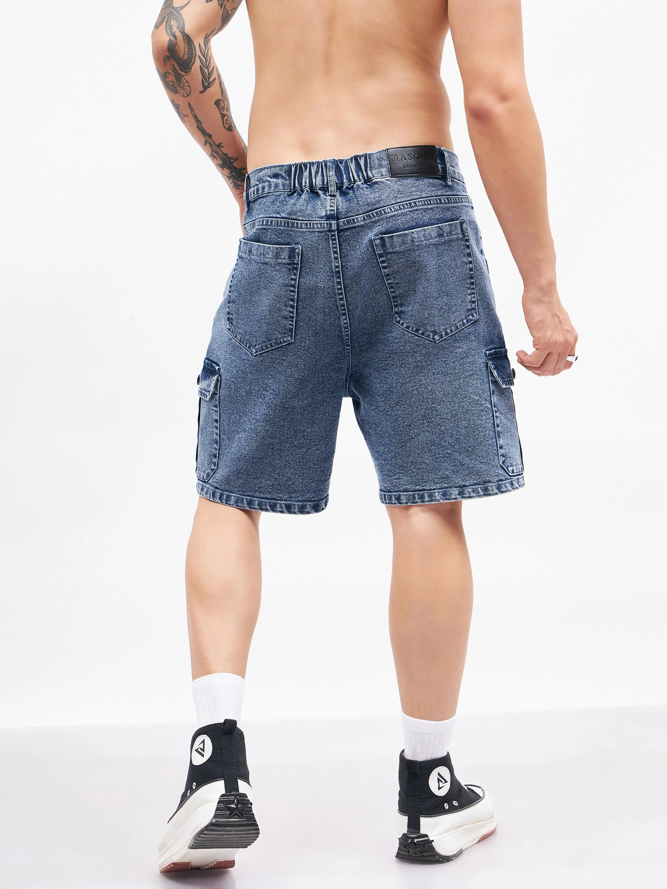 Men Blue Utility Pocket Denim Shorts - Image 2