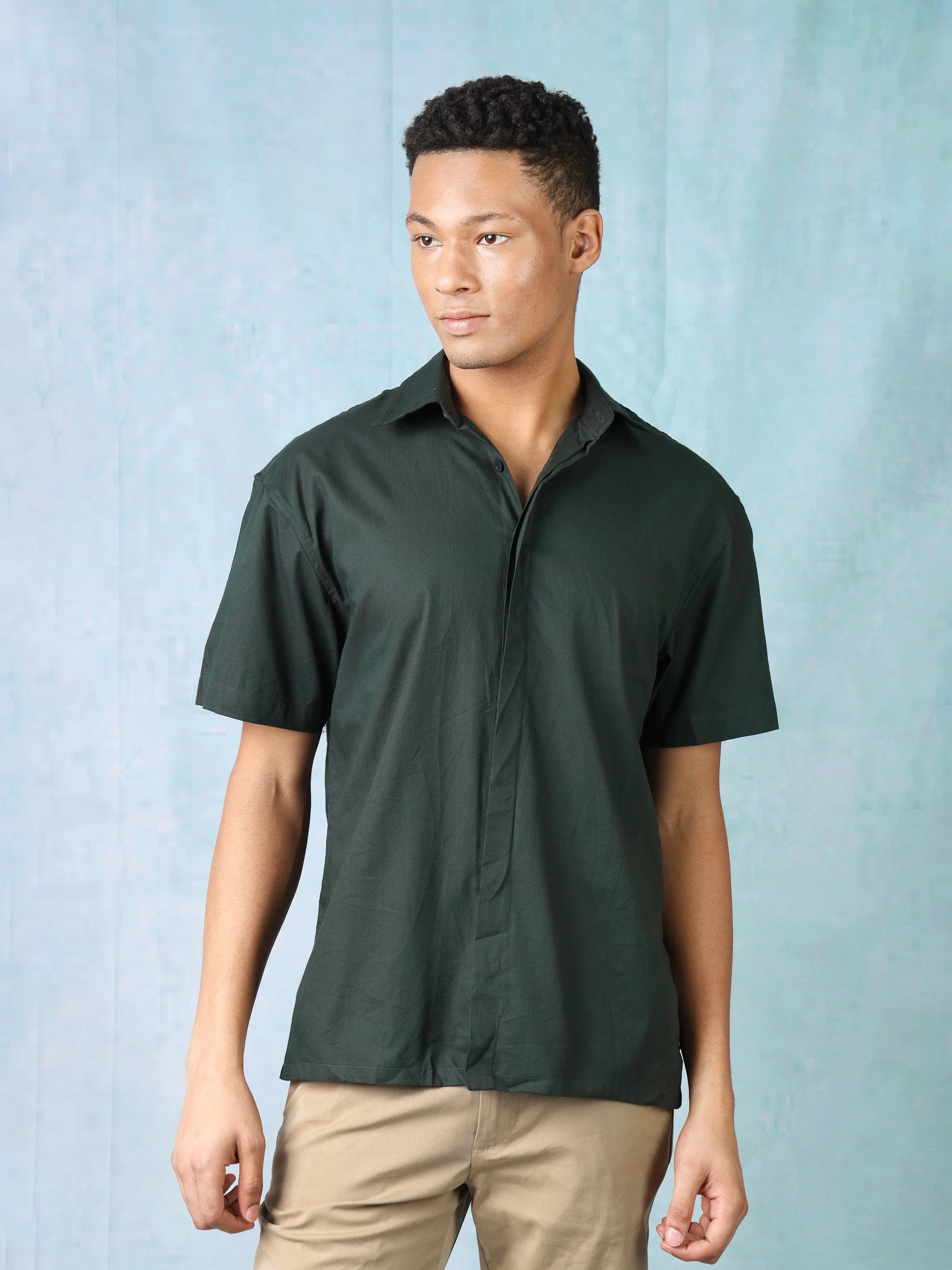 Men Bottle Green Oversized Shirt with concealed front button placket