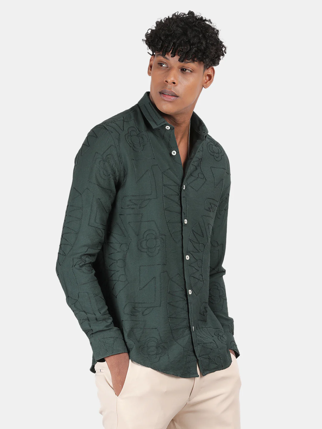 Men Bottle Green Slim Fit Spread Collar Full Sleeve Casual Shirt