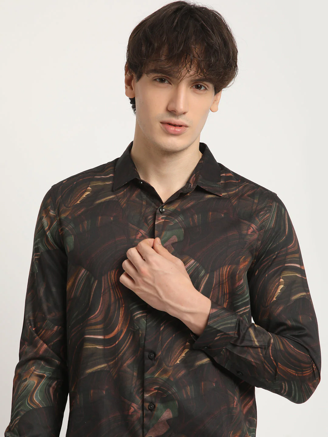Men Brown Artistic Swirl Print Slim Fit Casual Shirt