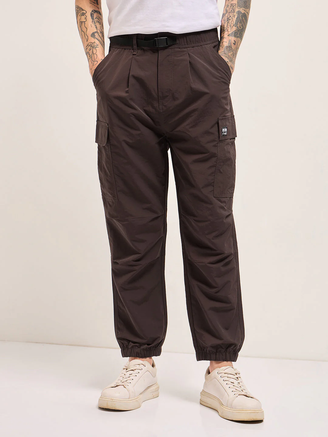 Men Brown Nylon Relaxed Fit Cargo Pants