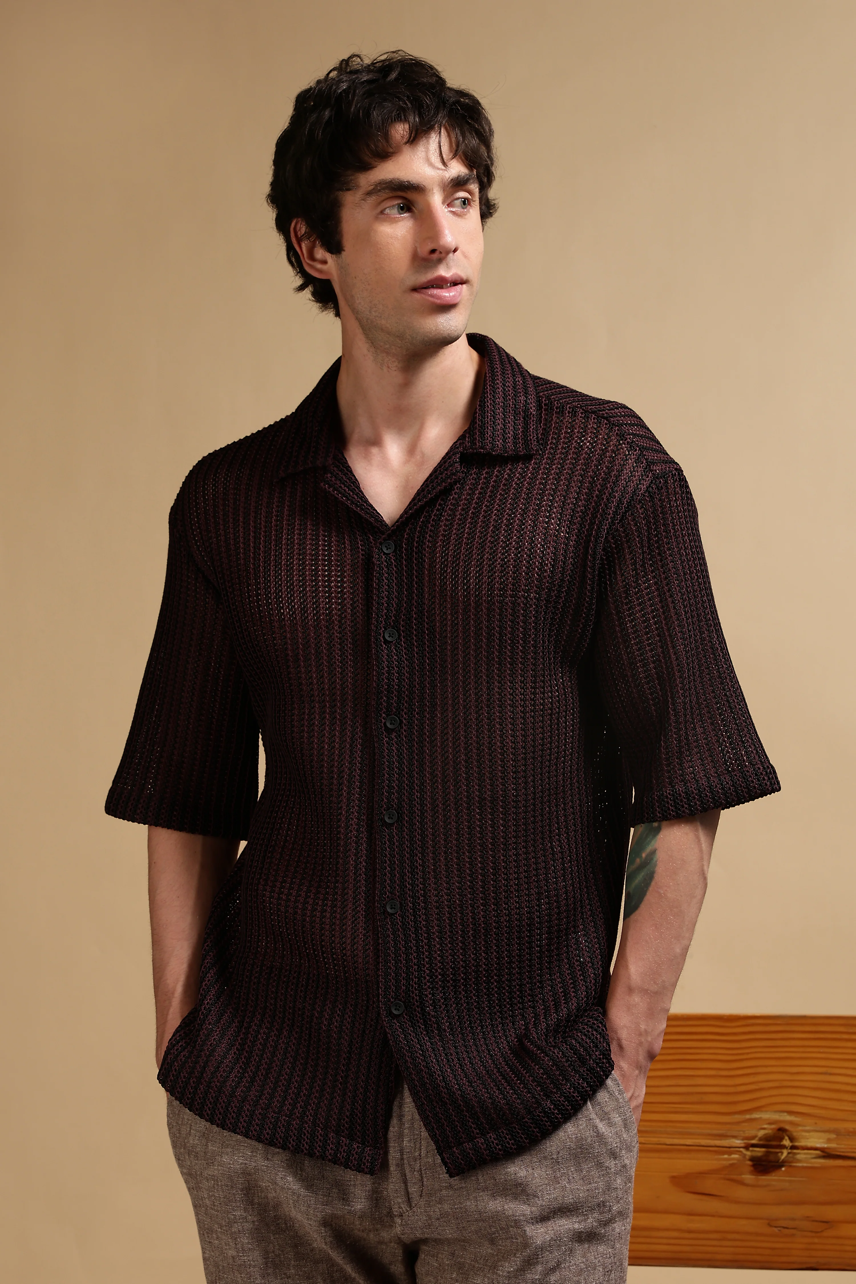 Men Brown Polyester Relaxed Fit Shirt