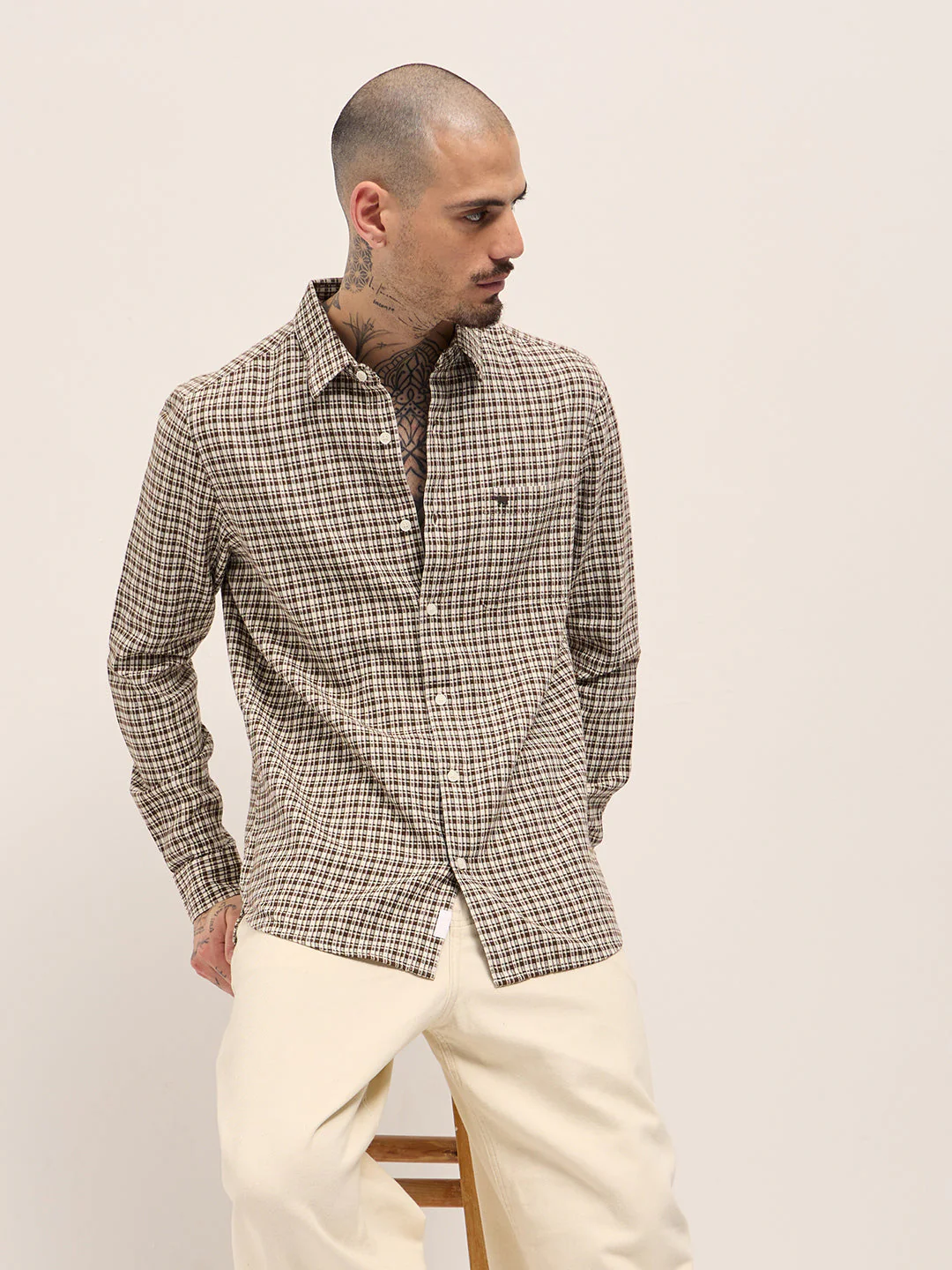 Men Brown Textured Checks Design Slim Fit Casual Shirt