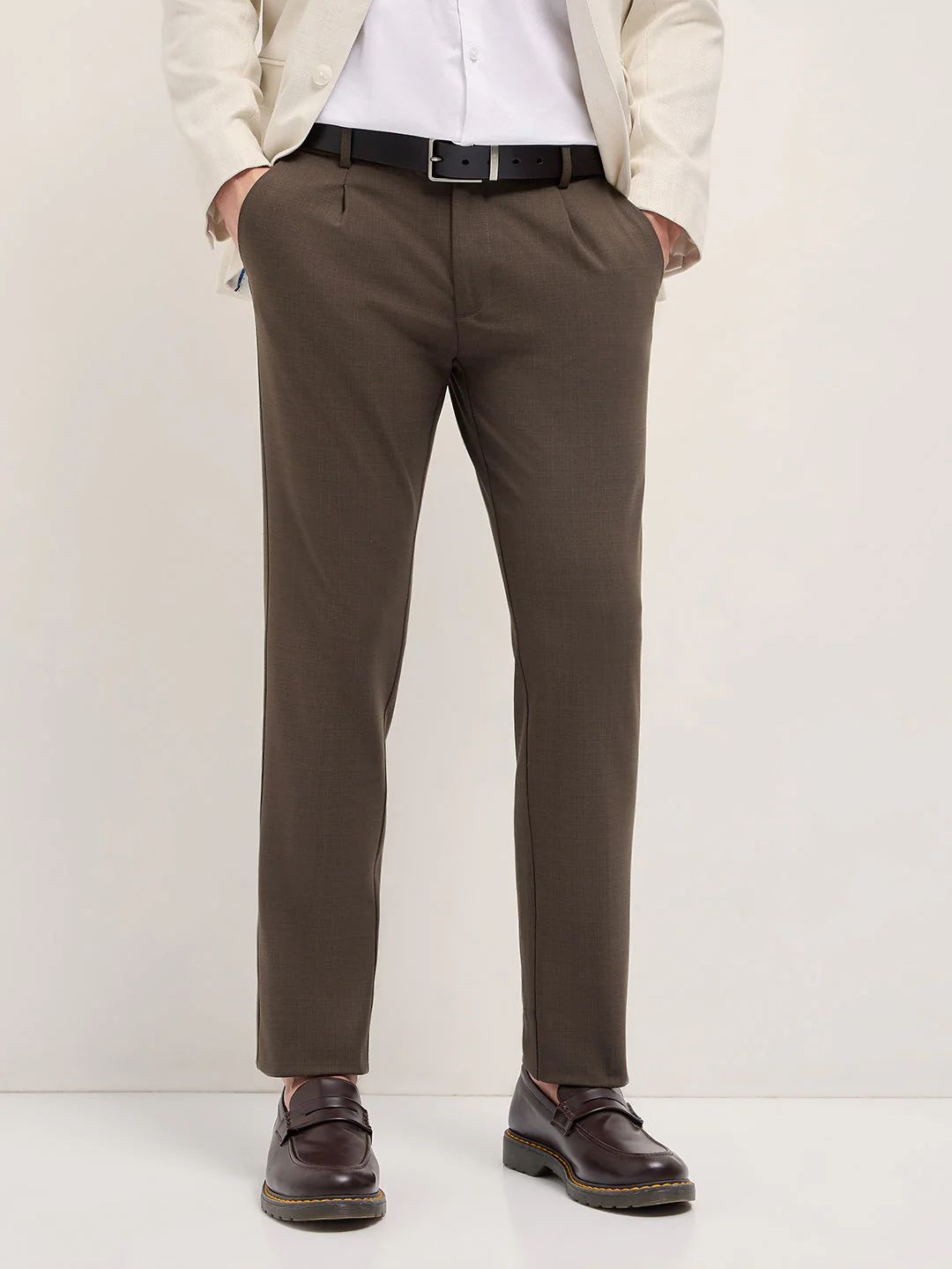 Men Brown Woven Checked Regular Fit Formal Trousers