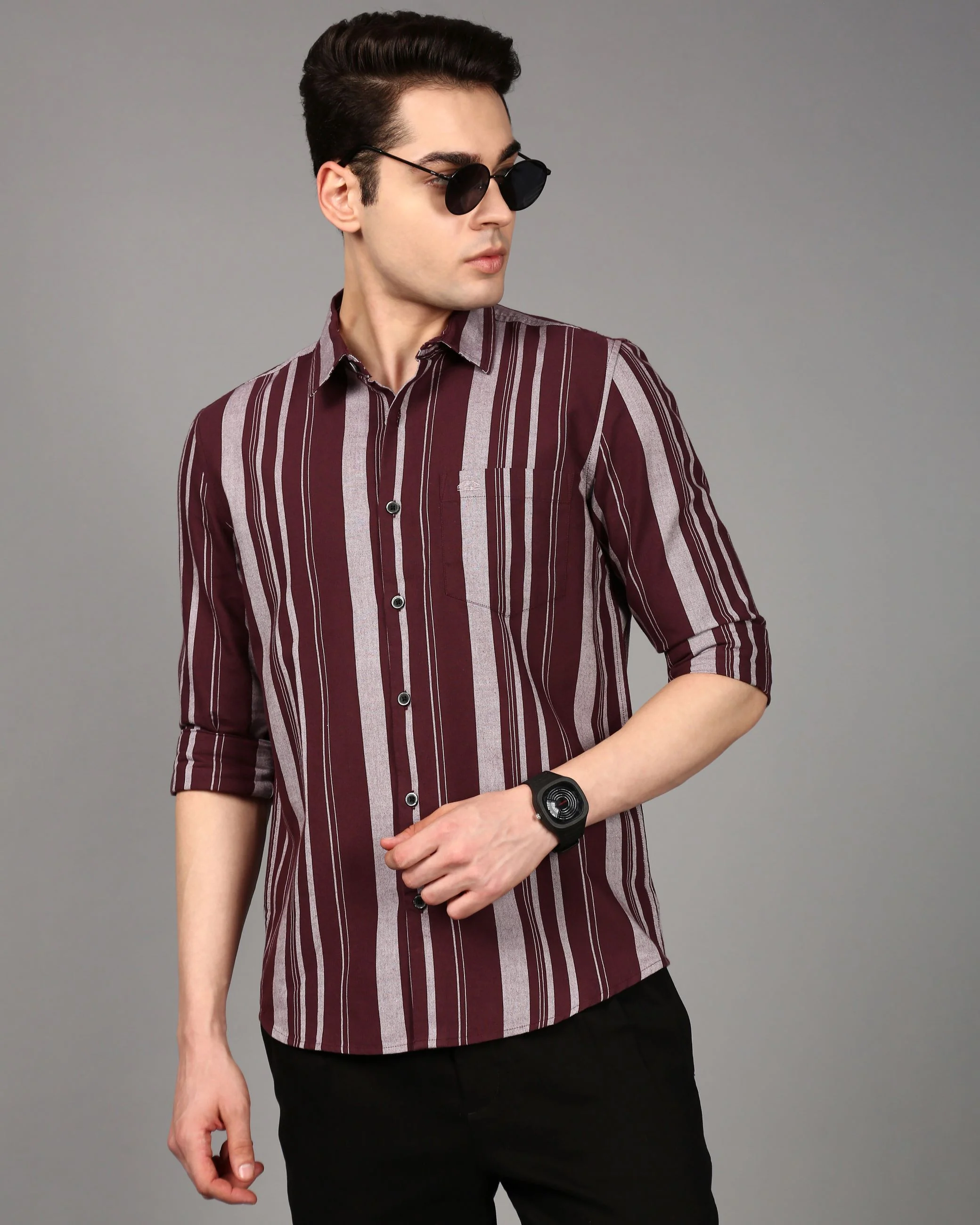 Men Burgundy Striped Shirt