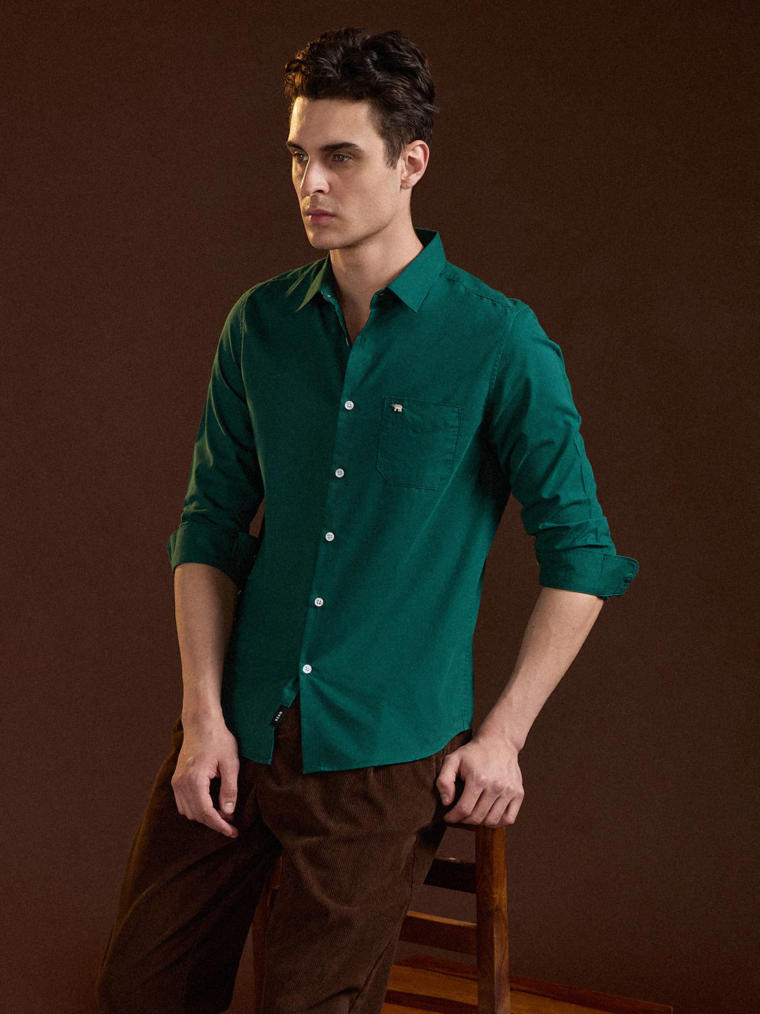 Men Classic Green Solid Slim Fit Polyester Casual Shirt