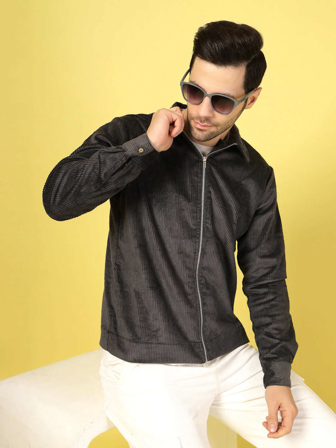 Men Corduroy Textured Zipper Jacket