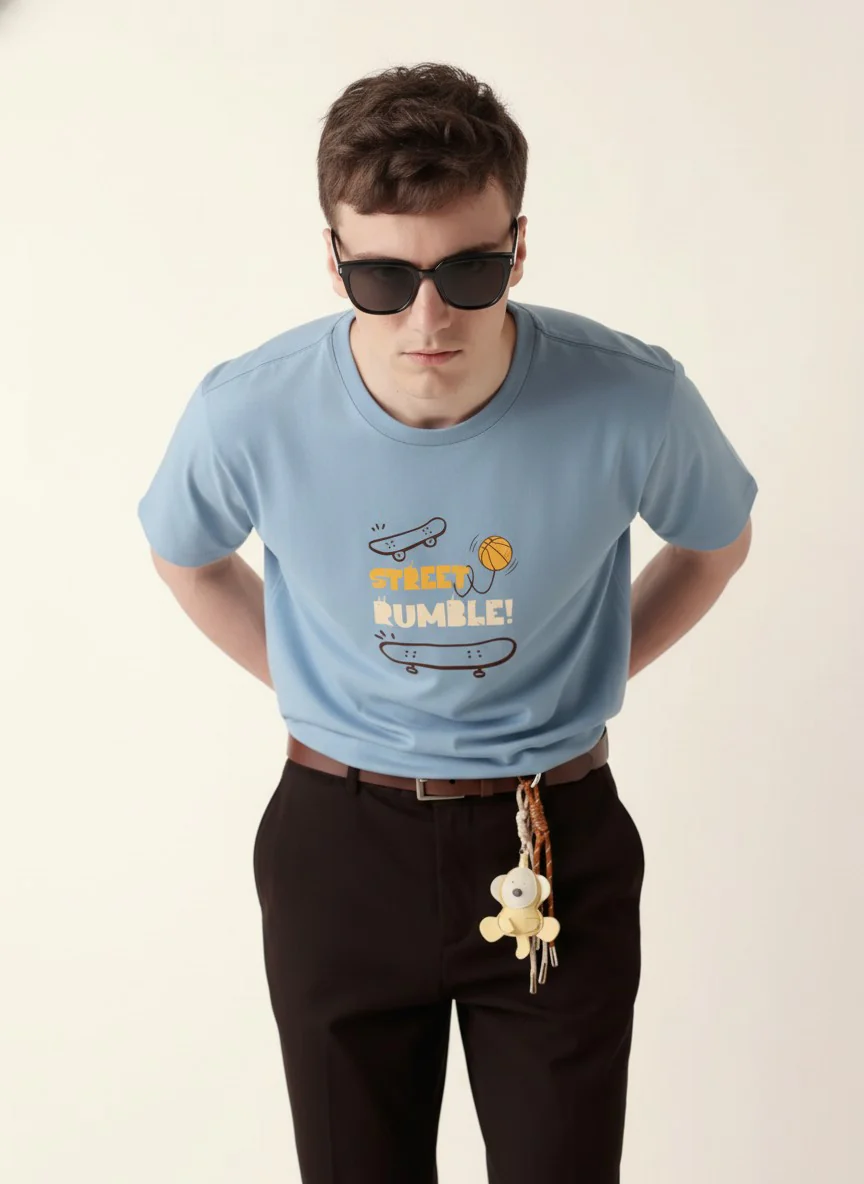 Men Cotton Ice Blue T-Shirt