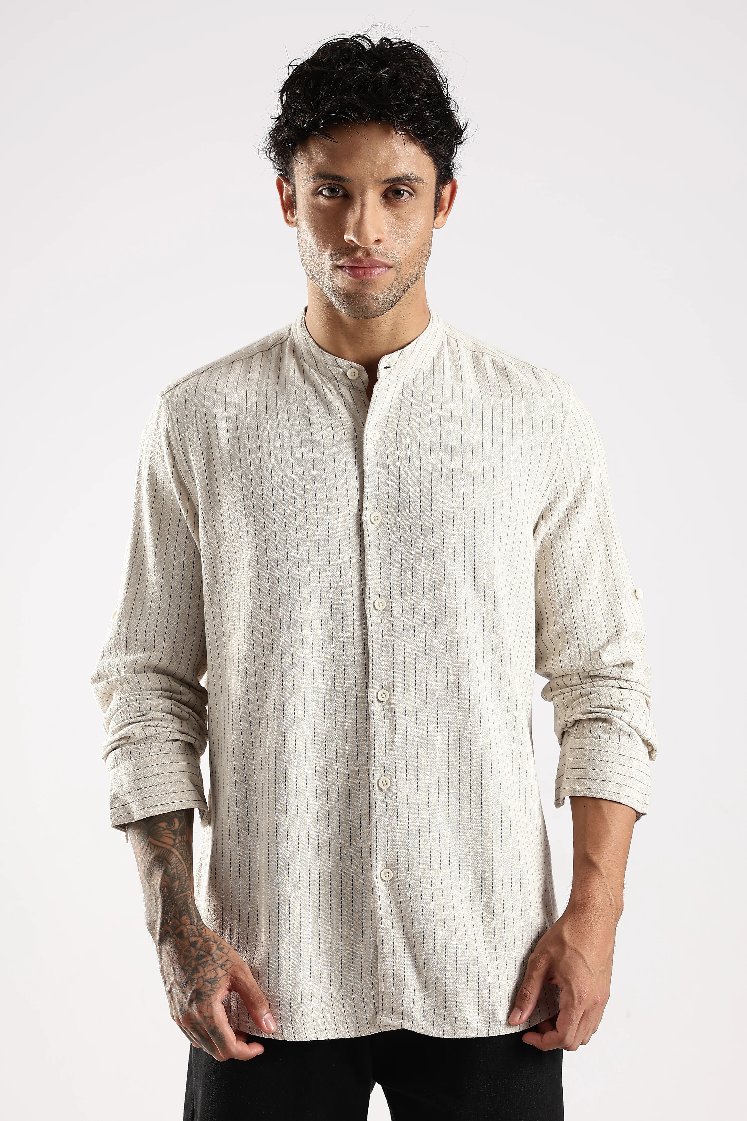 Men Cream Linen Blend Striped Shirt