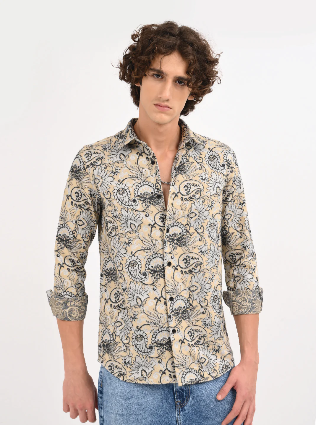 Men Cream Self Jacquard Shirt