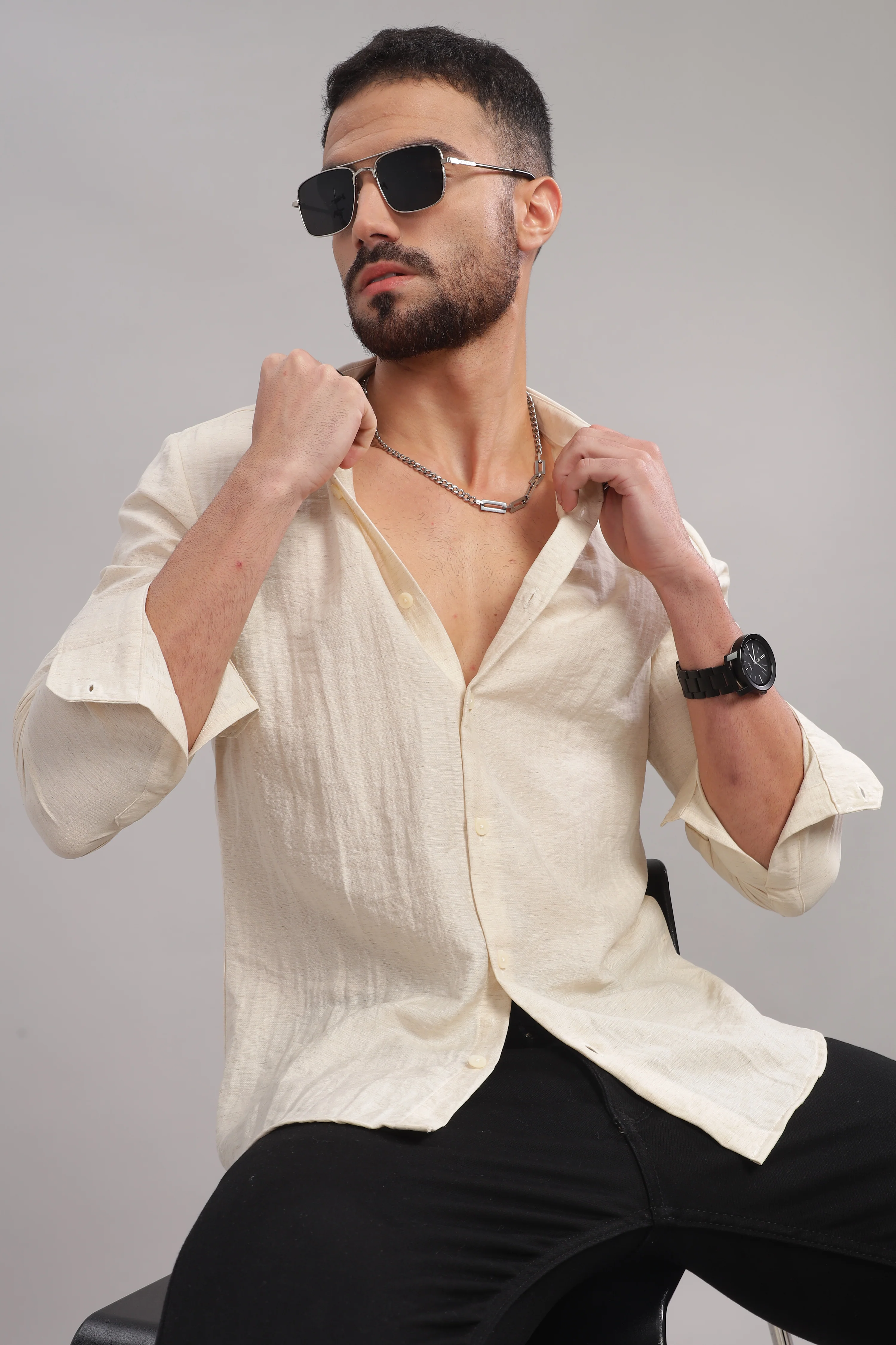 Men Cream Slim Fit Shirt