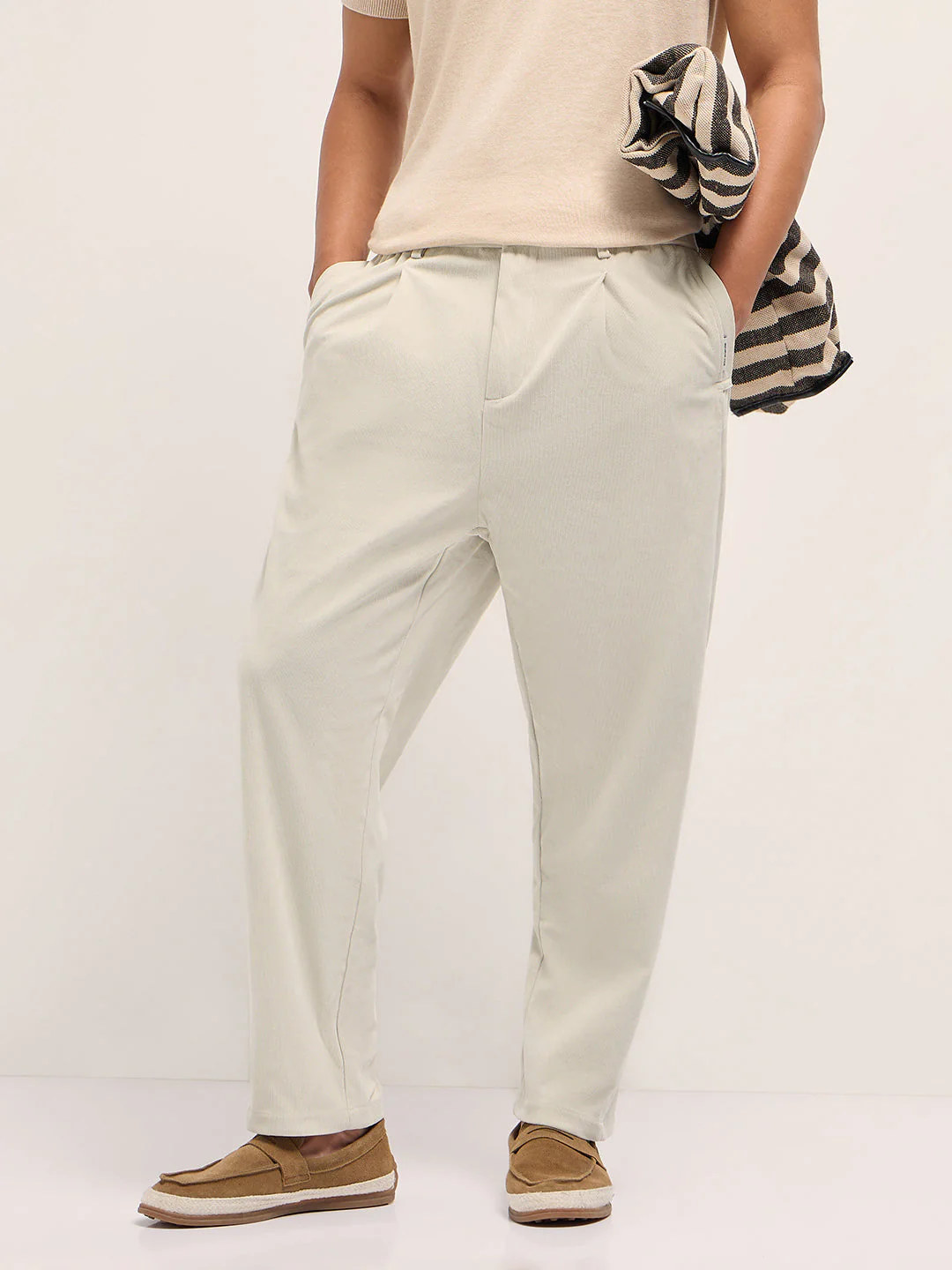 Men Cream Solid Polyester Casual Trousers