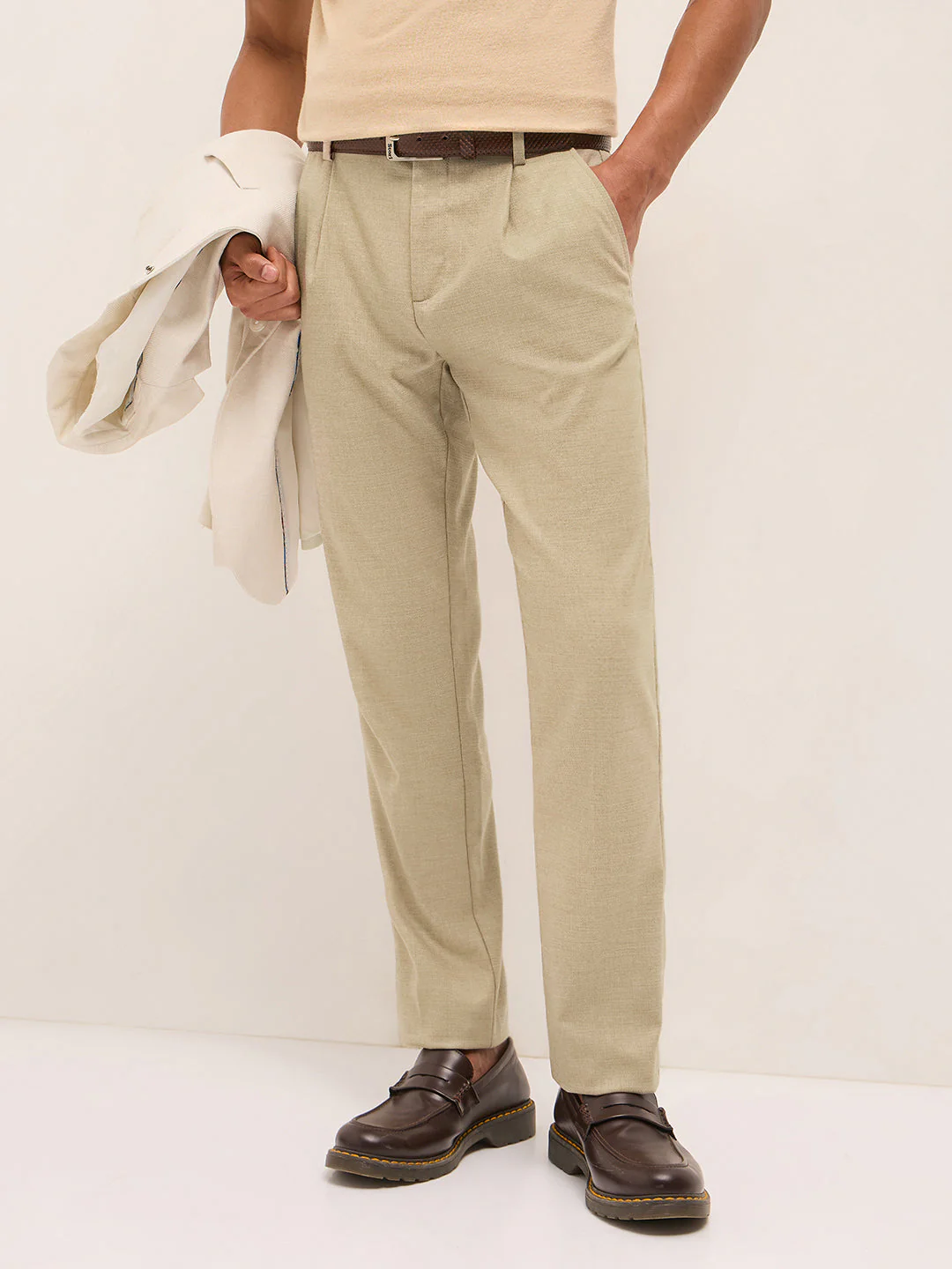 Men Cream Textured Weave Regular Fit Formal Trousers