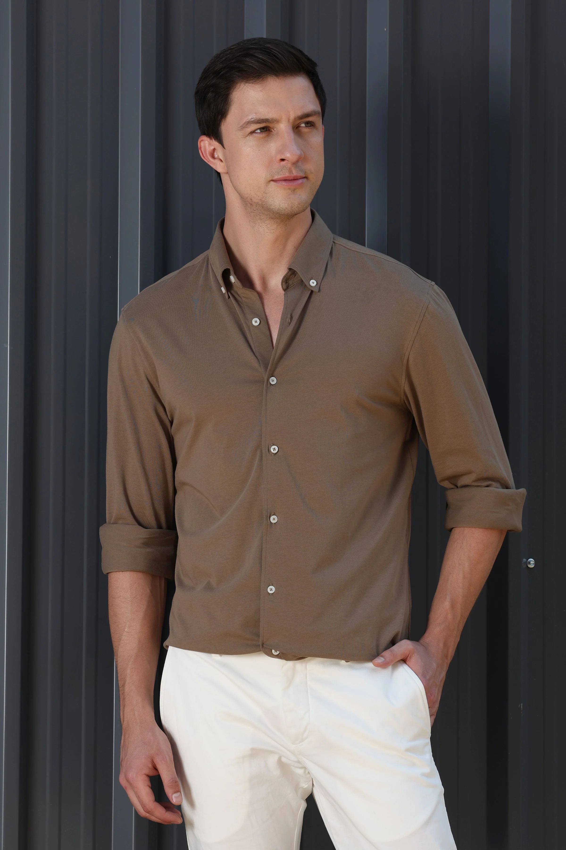 Men Drawback Knitted Stretch Shirt Khaki