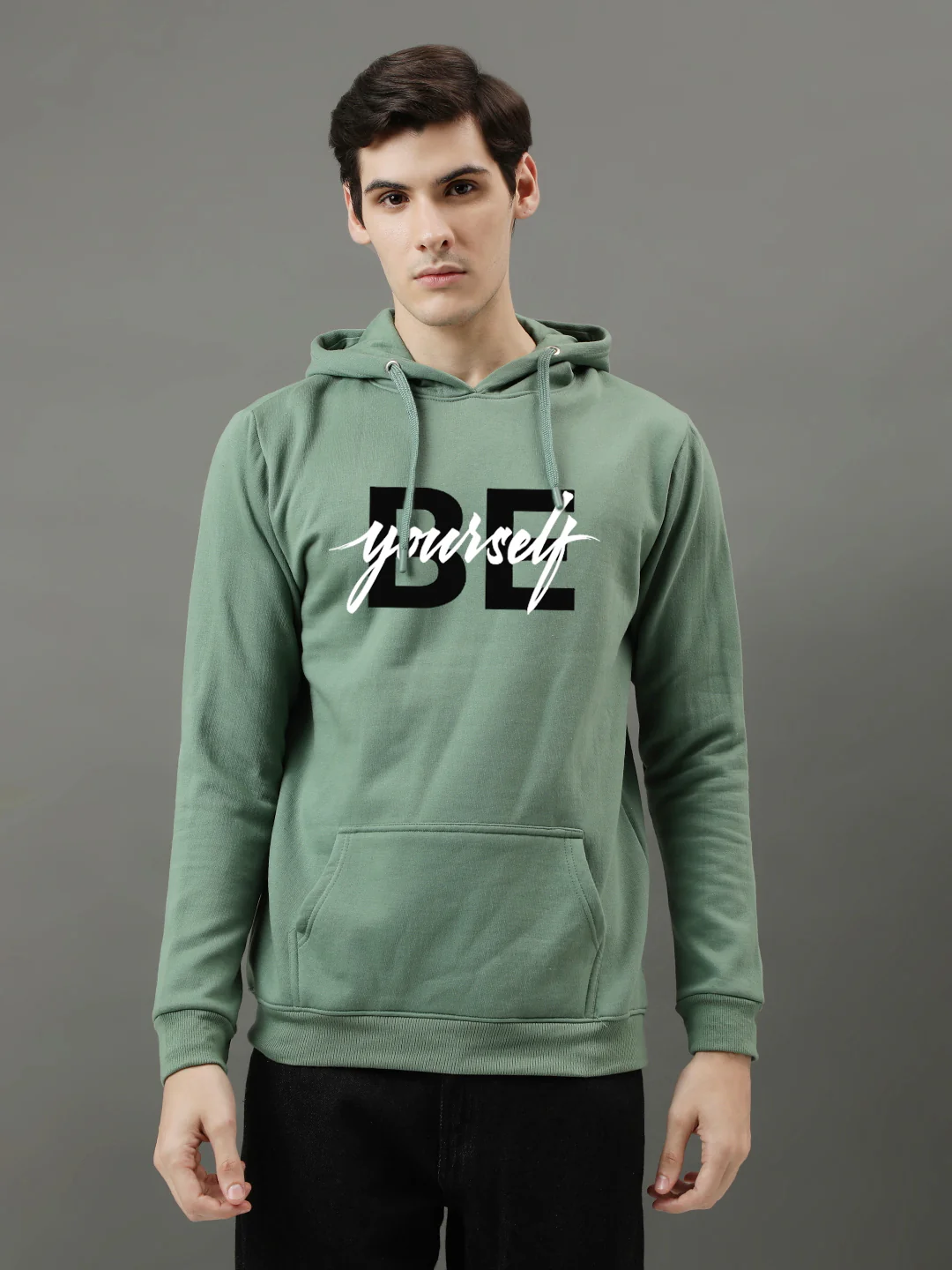 Men Green Be Yourself Printed Hoodie