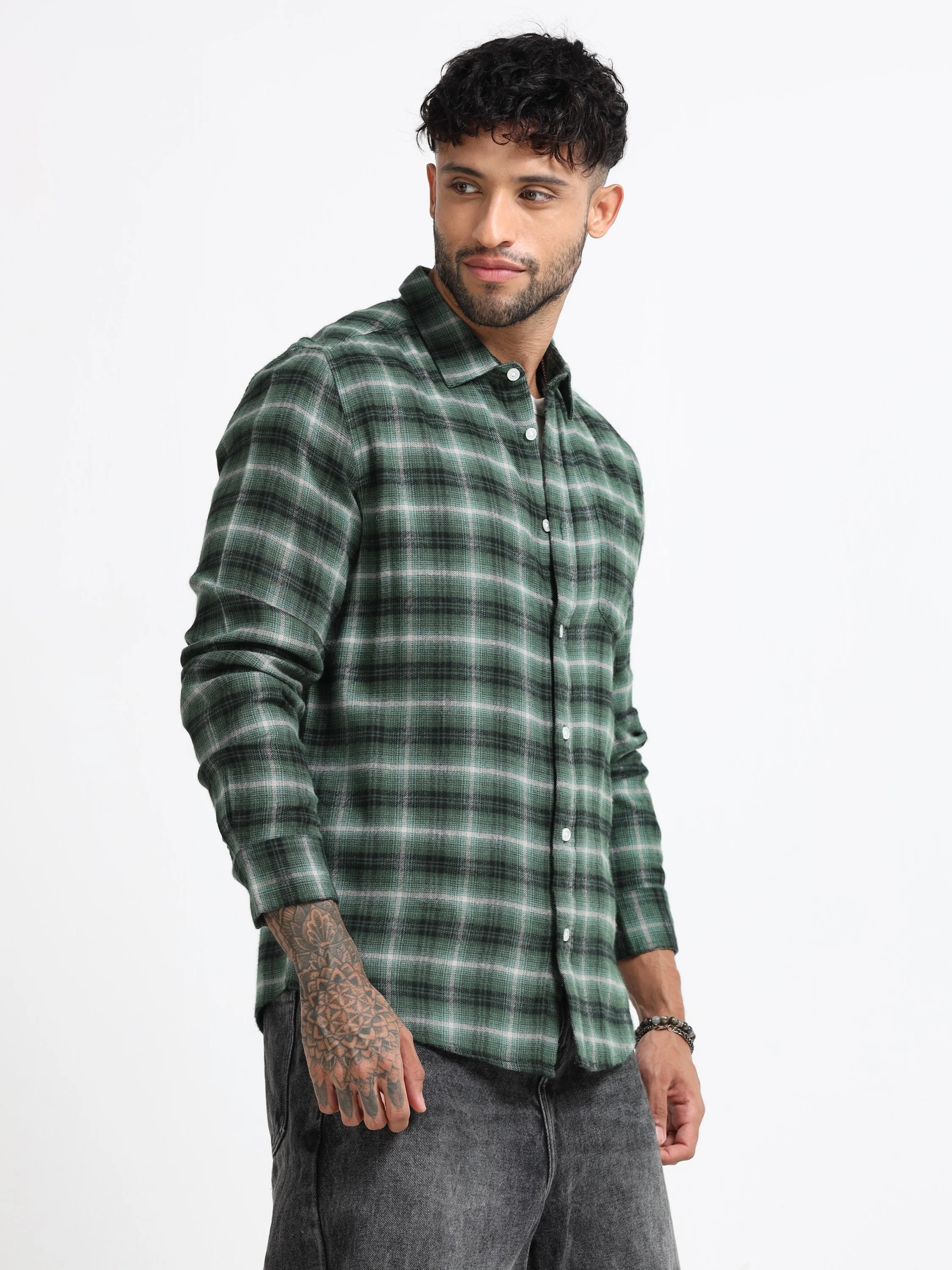 Men Green Check Shirt - Image 7