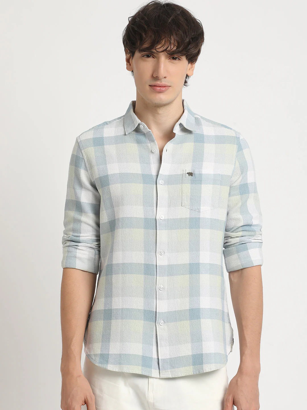 Men Green Checked Slim Fit Cotton Casual Shirt - Image 2