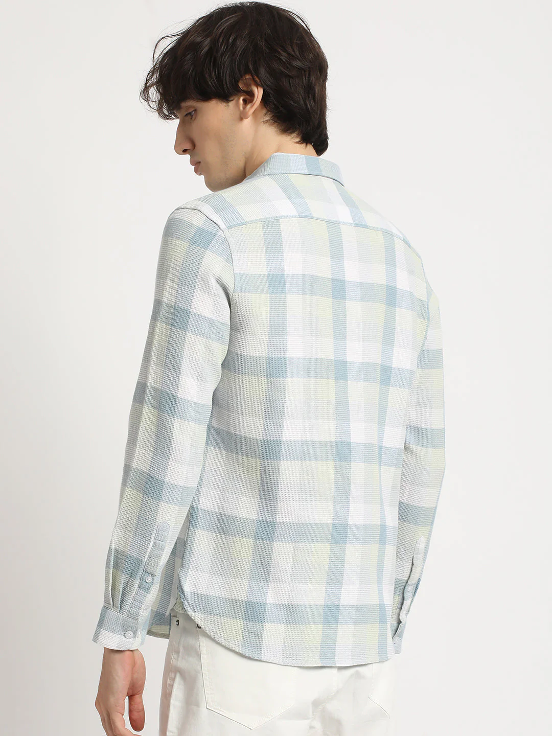 Men Green Checked Slim Fit Cotton Casual Shirt - Image 4