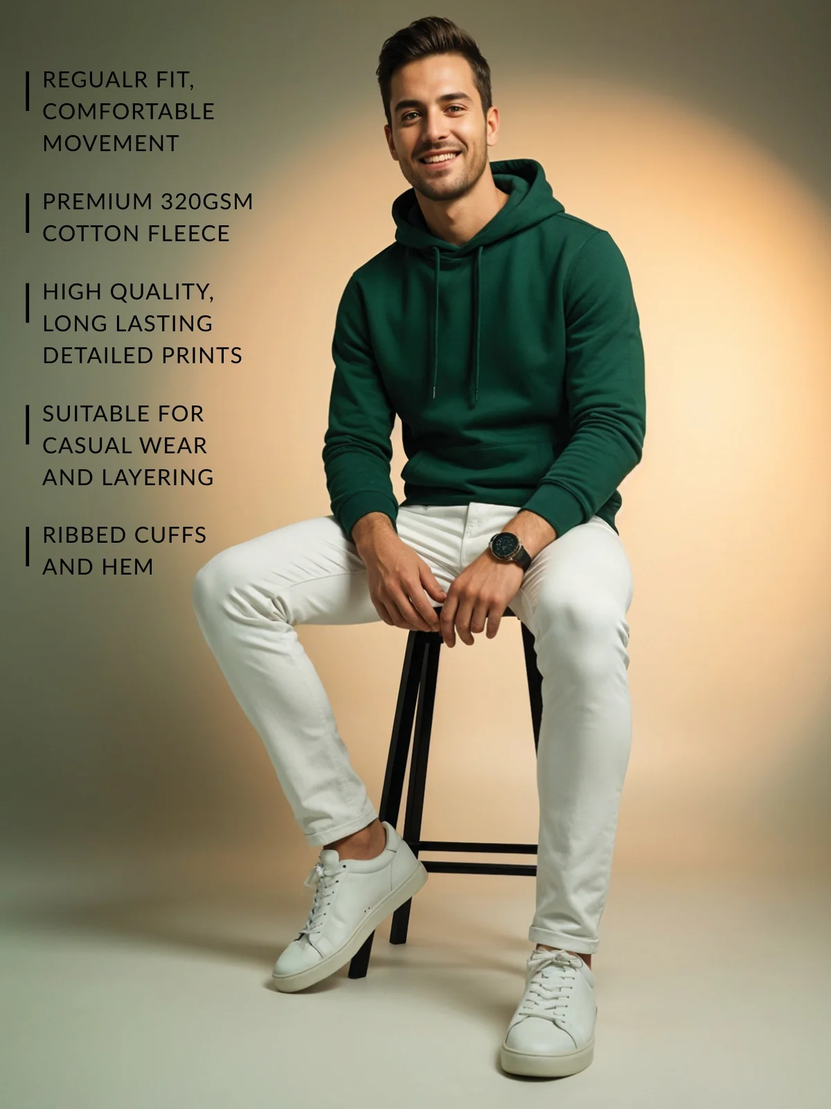 Men Green Cotton Fleece Printed Hoodie - Image 3