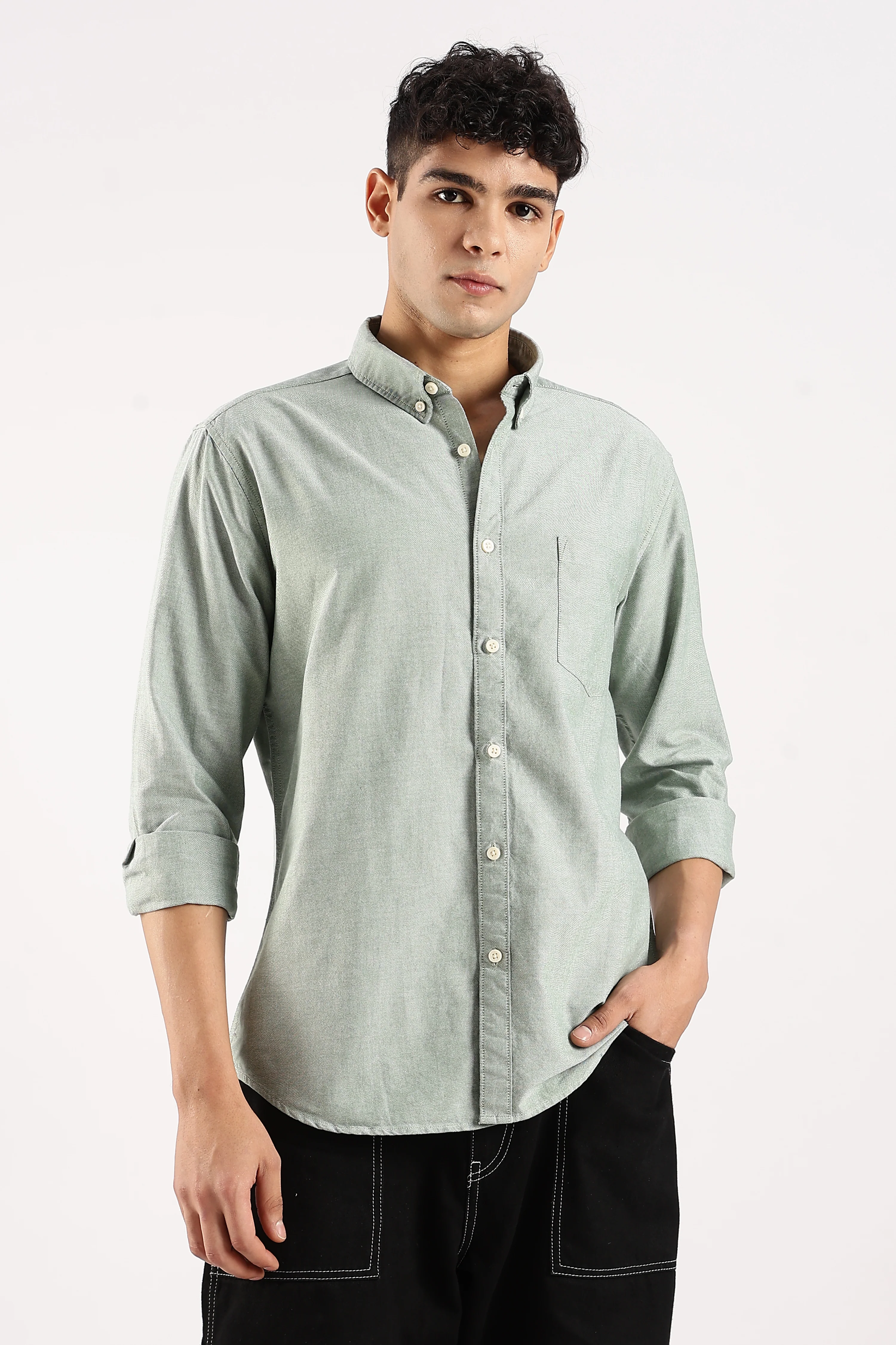 Men Green Cotton Oxford Shirt
