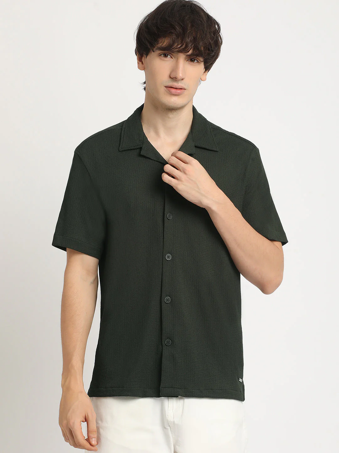 Men Green Self Design Regular Fit Casual Shirt - Image 2