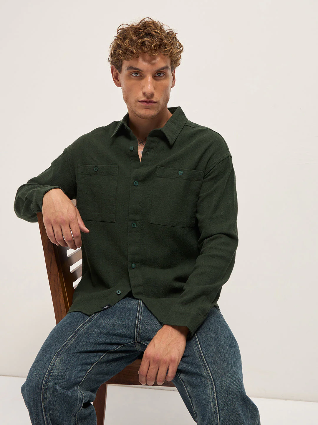Men Green Texture Herringbone Design Relax Fit Overshirt