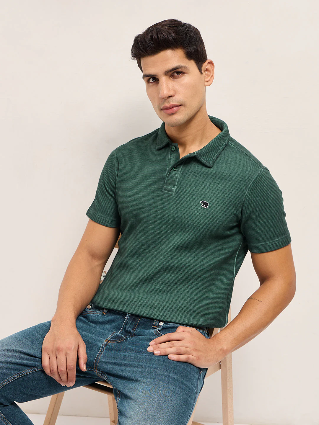 Men Green Textured Knit Slim Fit Polo