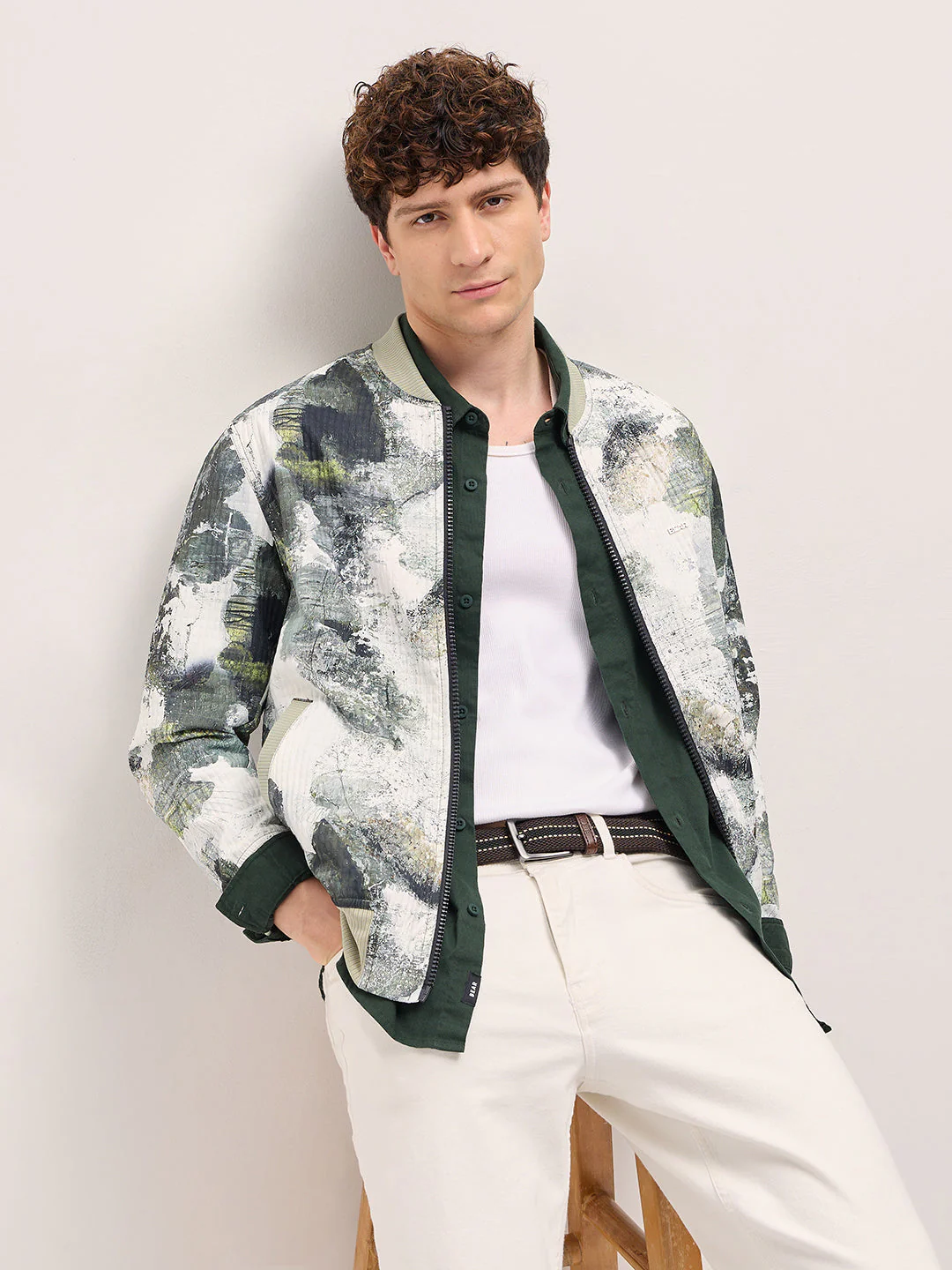 Men GreenWhite Camouflage Bomber Jacket with Ribbed Details