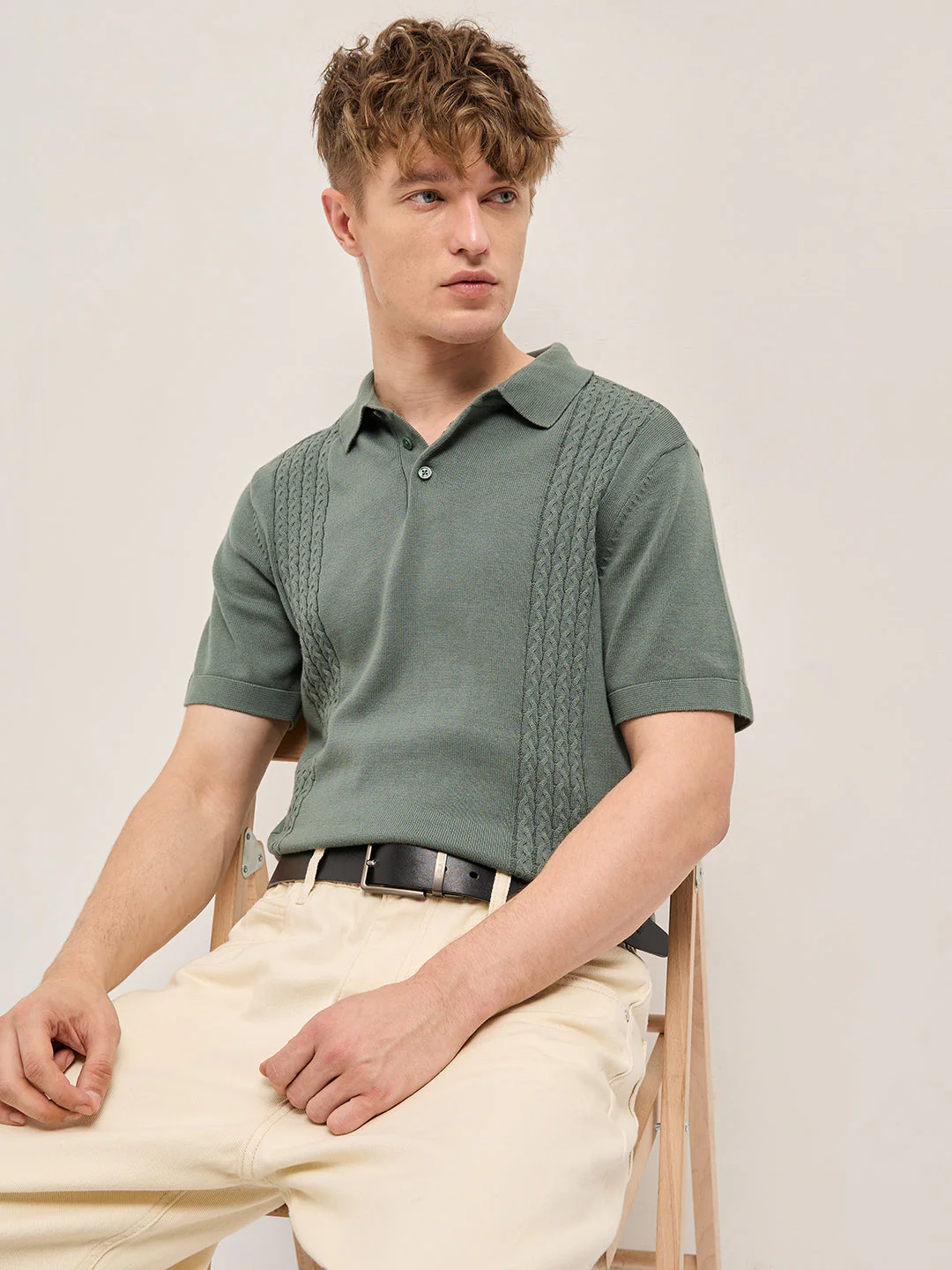 Men Grey Cable Knit Texture Design Slim Fit Polo