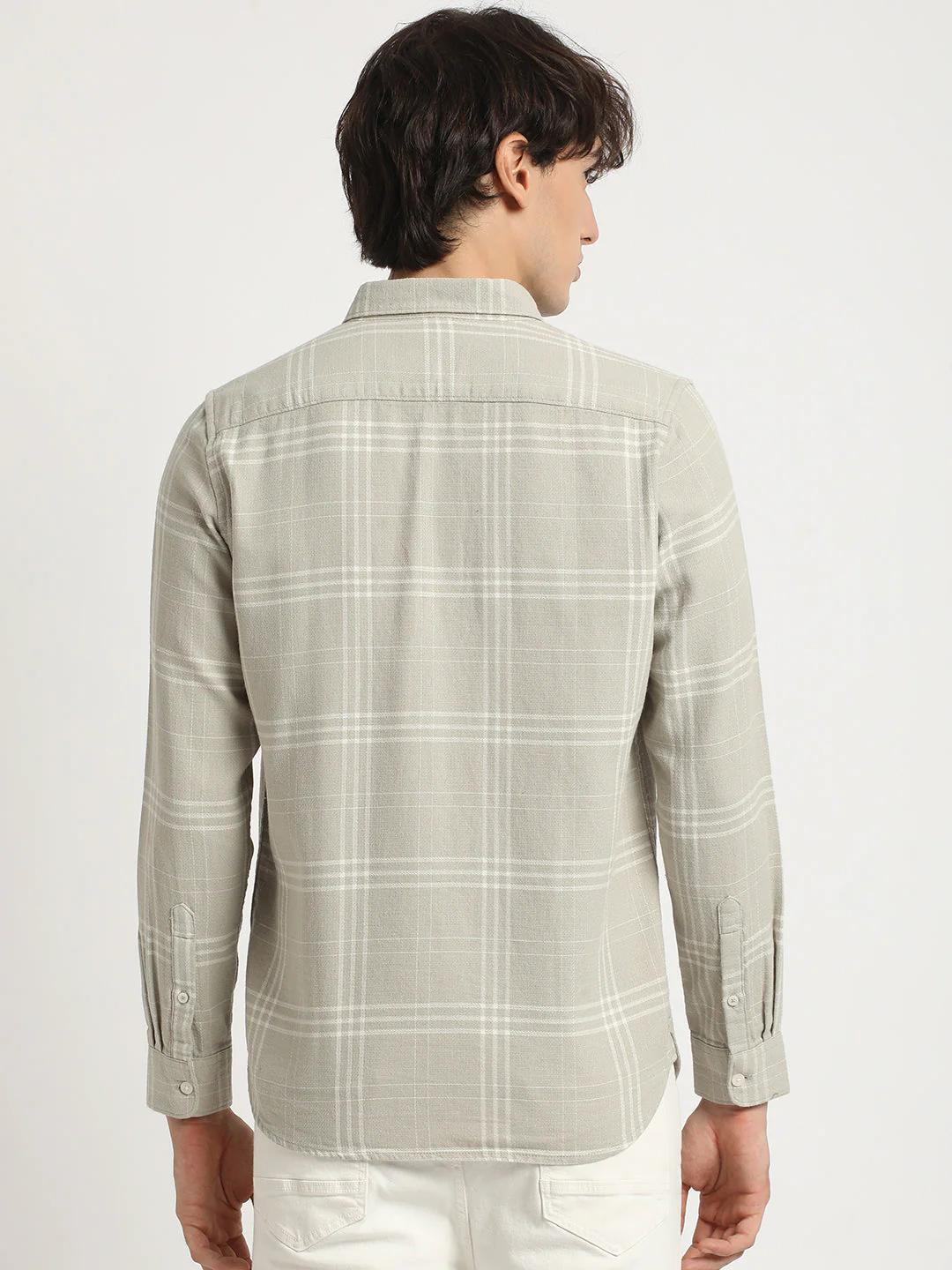 Men Grey Checked Slim Fit Cotton Casual Shirt - Image 4