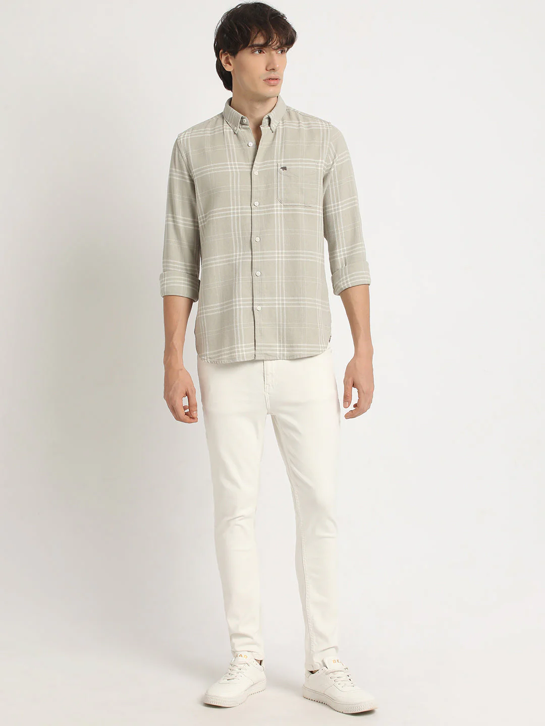 Men Grey Checked Slim Fit Cotton Casual Shirt - Image 5