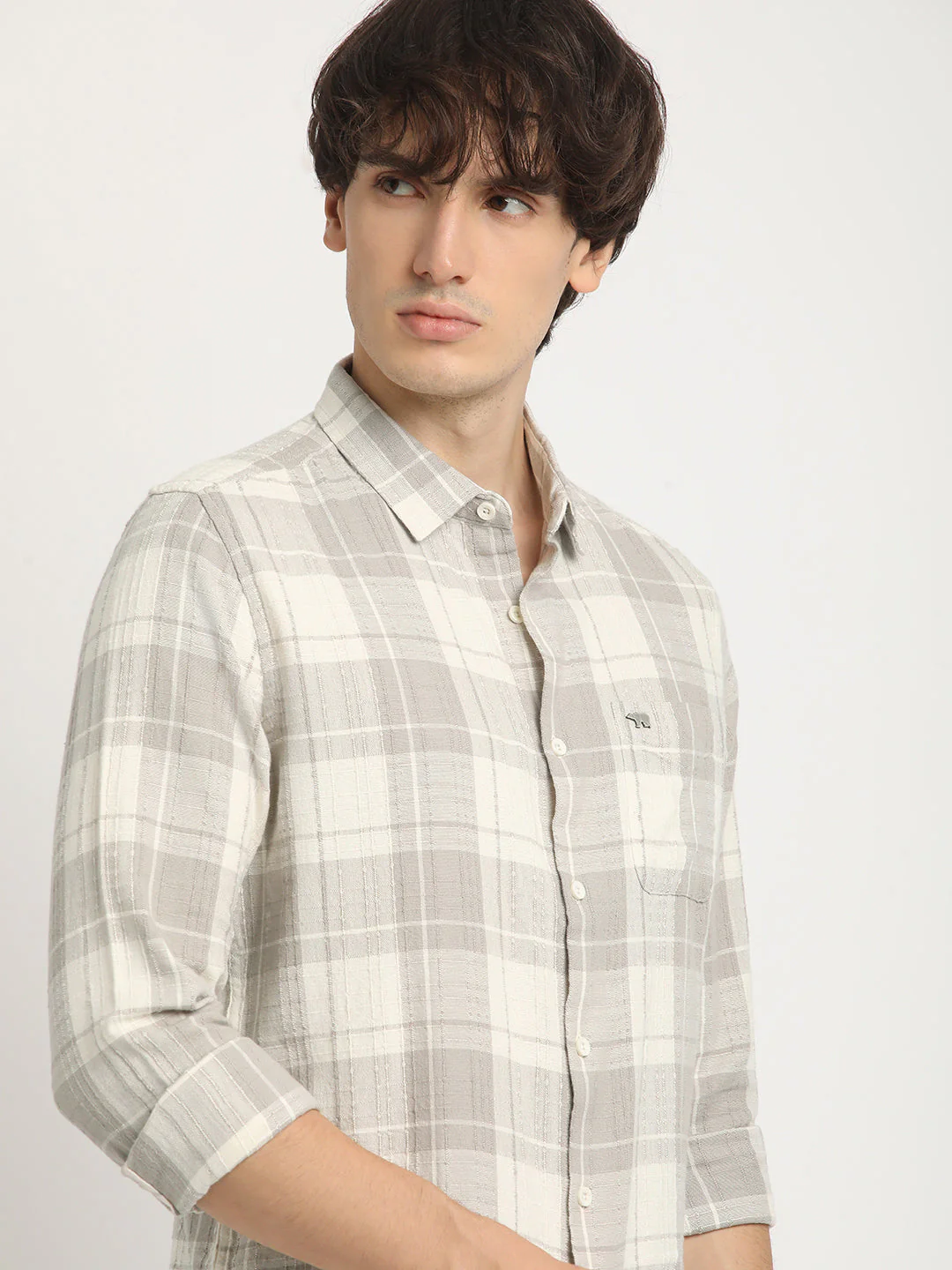 Men Grey Checked Slim Fit Cotton Casual Shirt