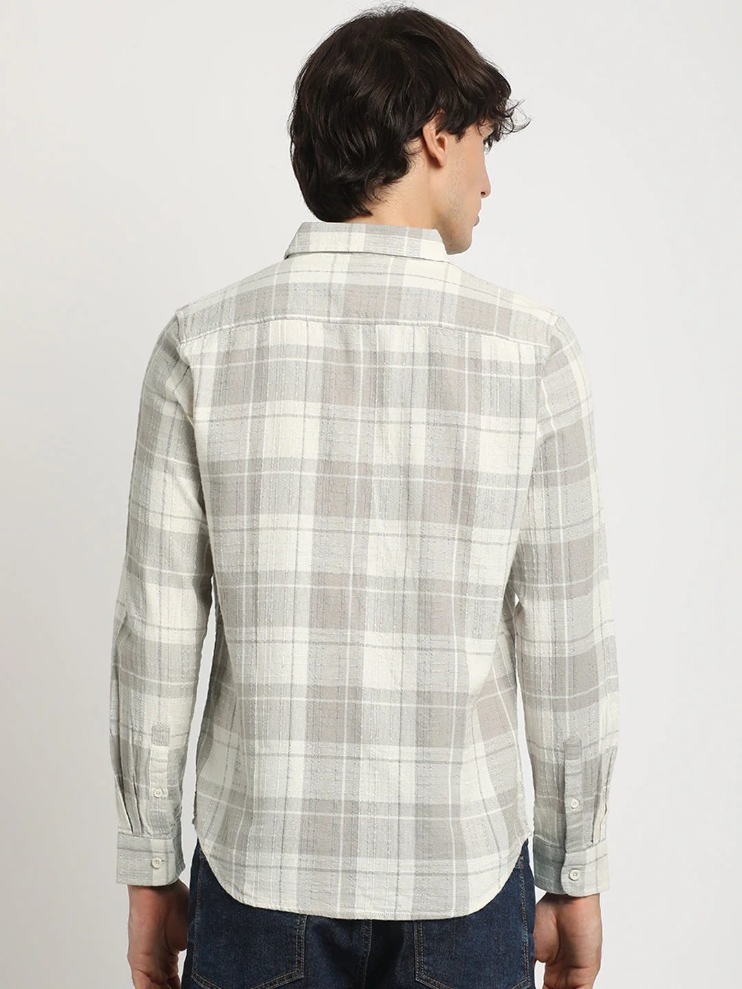 Men Grey Checked Slim Fit Cotton Casual Shirt - Image 4