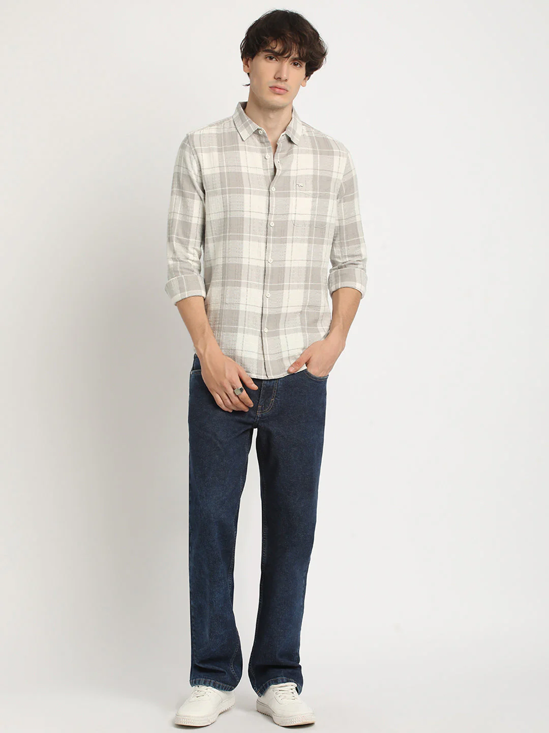 Men Grey Checked Slim Fit Cotton Casual Shirt - Image 5