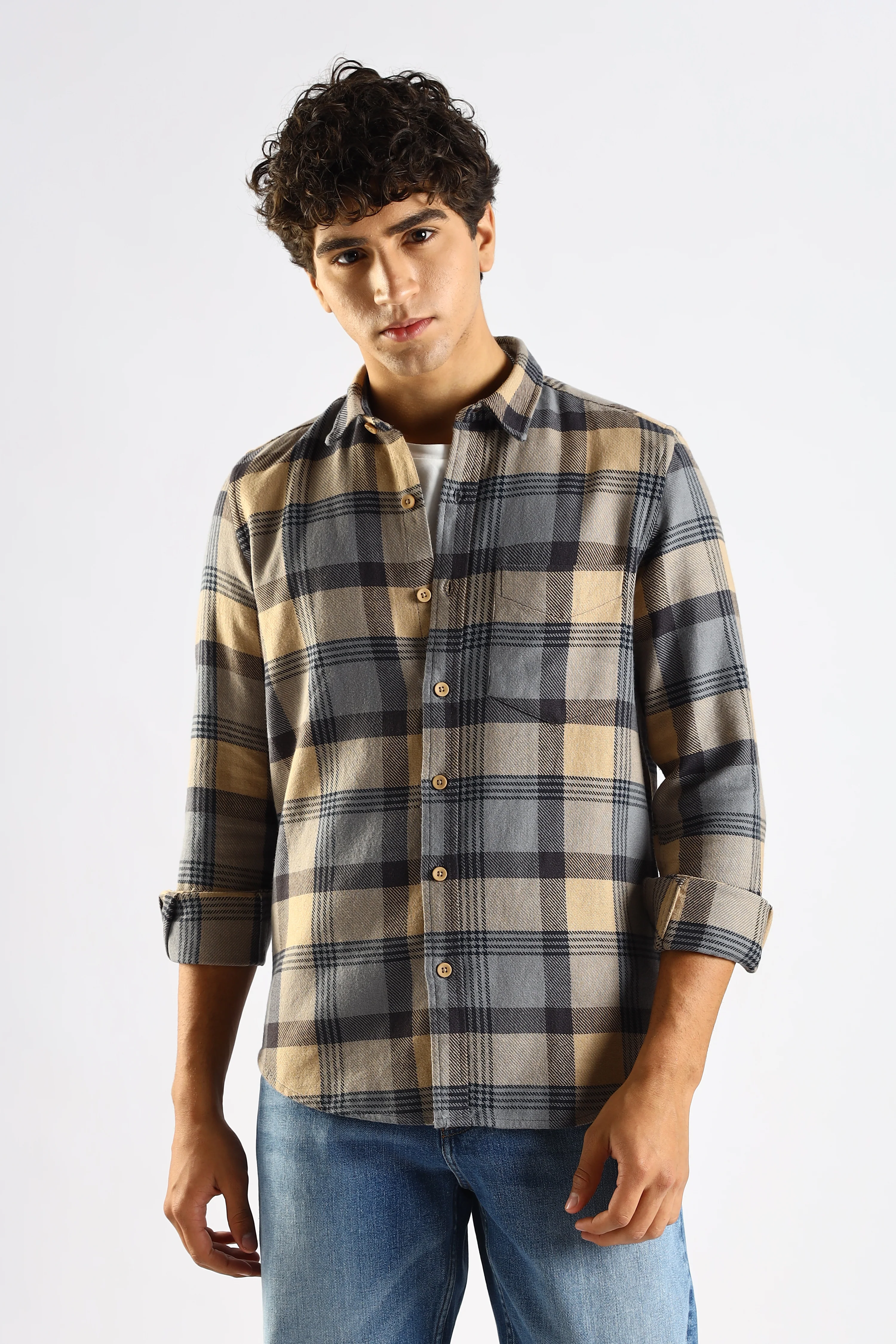 Men Grey Cotton Blend Checked Shirt