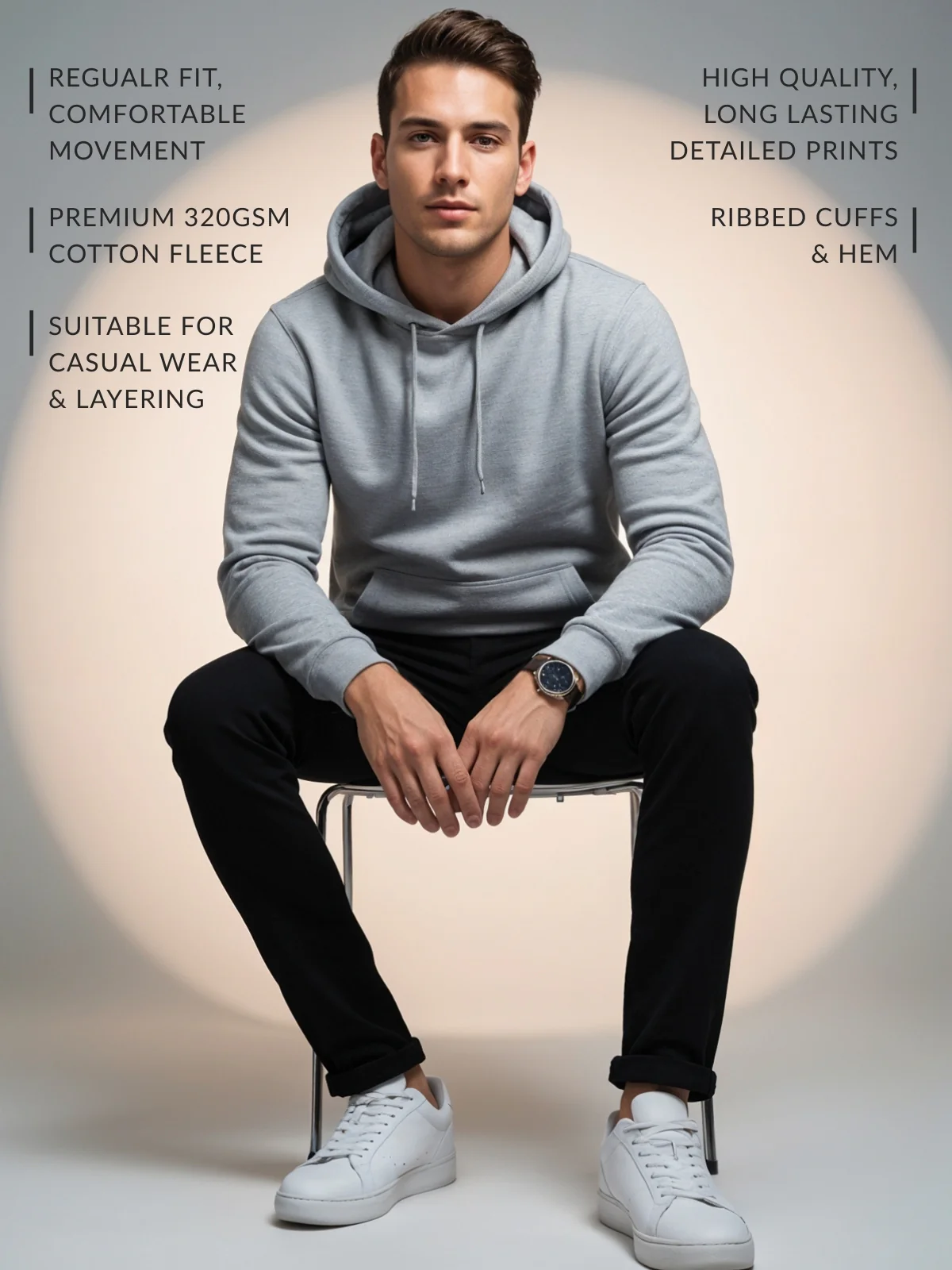 Men Grey Cotton Fleece Printed Hoodie - Image 3